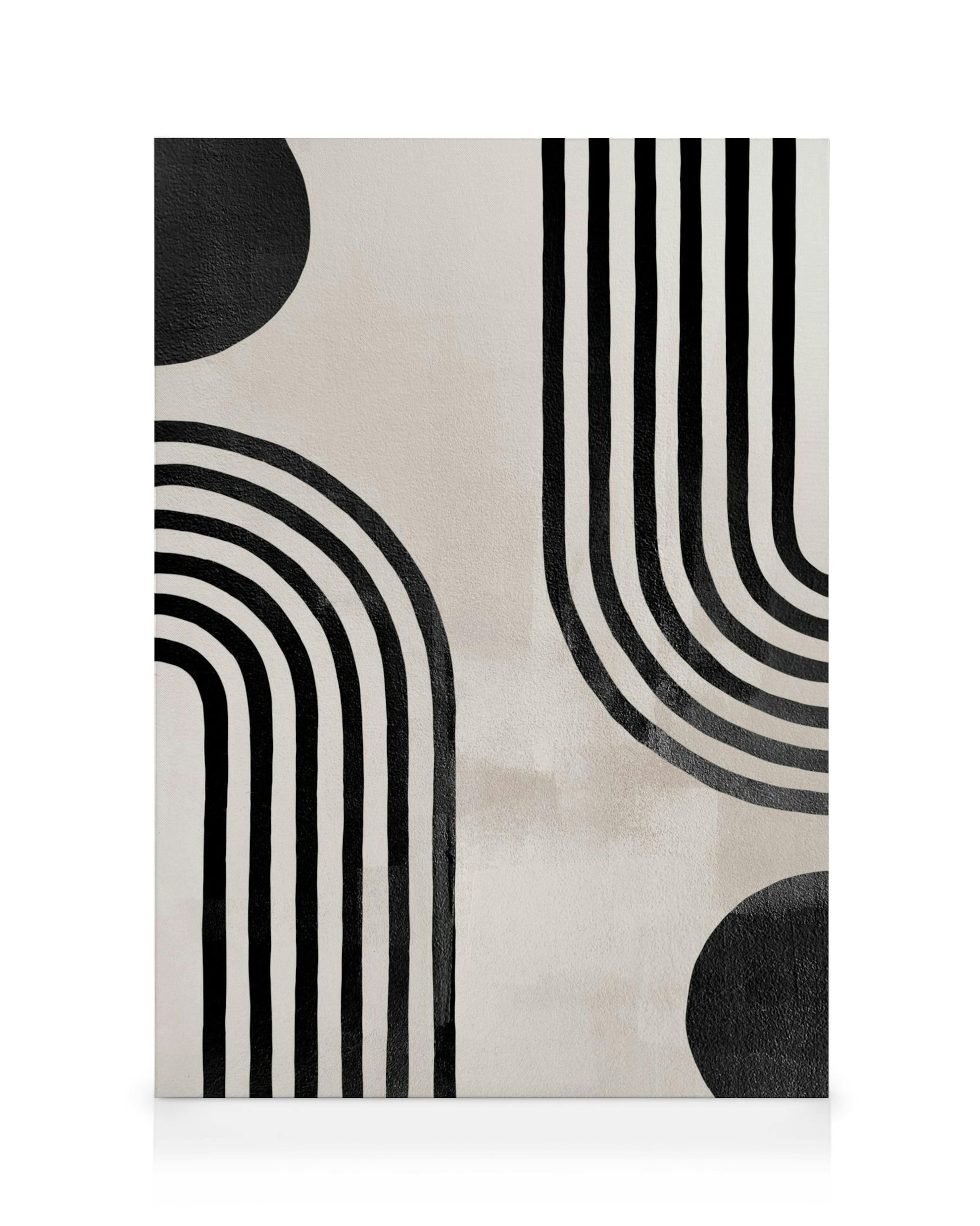 Κανβάς Berlin Arches No1, αφηρημένη τέχνη με μαύρα γεωμετρικά σχήματα, τόξα και κύκλους σε μπεζ φόντο.