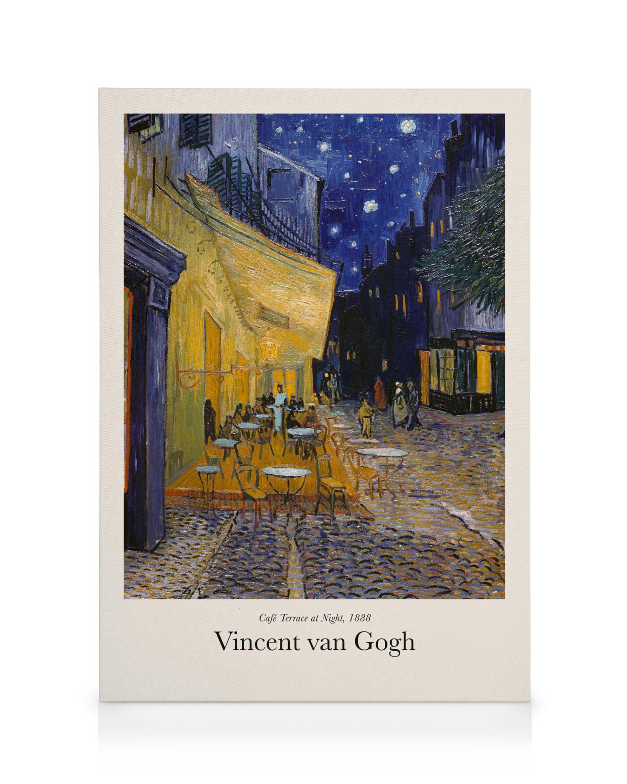 Van Gogh Café Terrace at Night oljemålning med ett gult upplyst kafé under en stjärnklar natthimmel, människor vid bord.