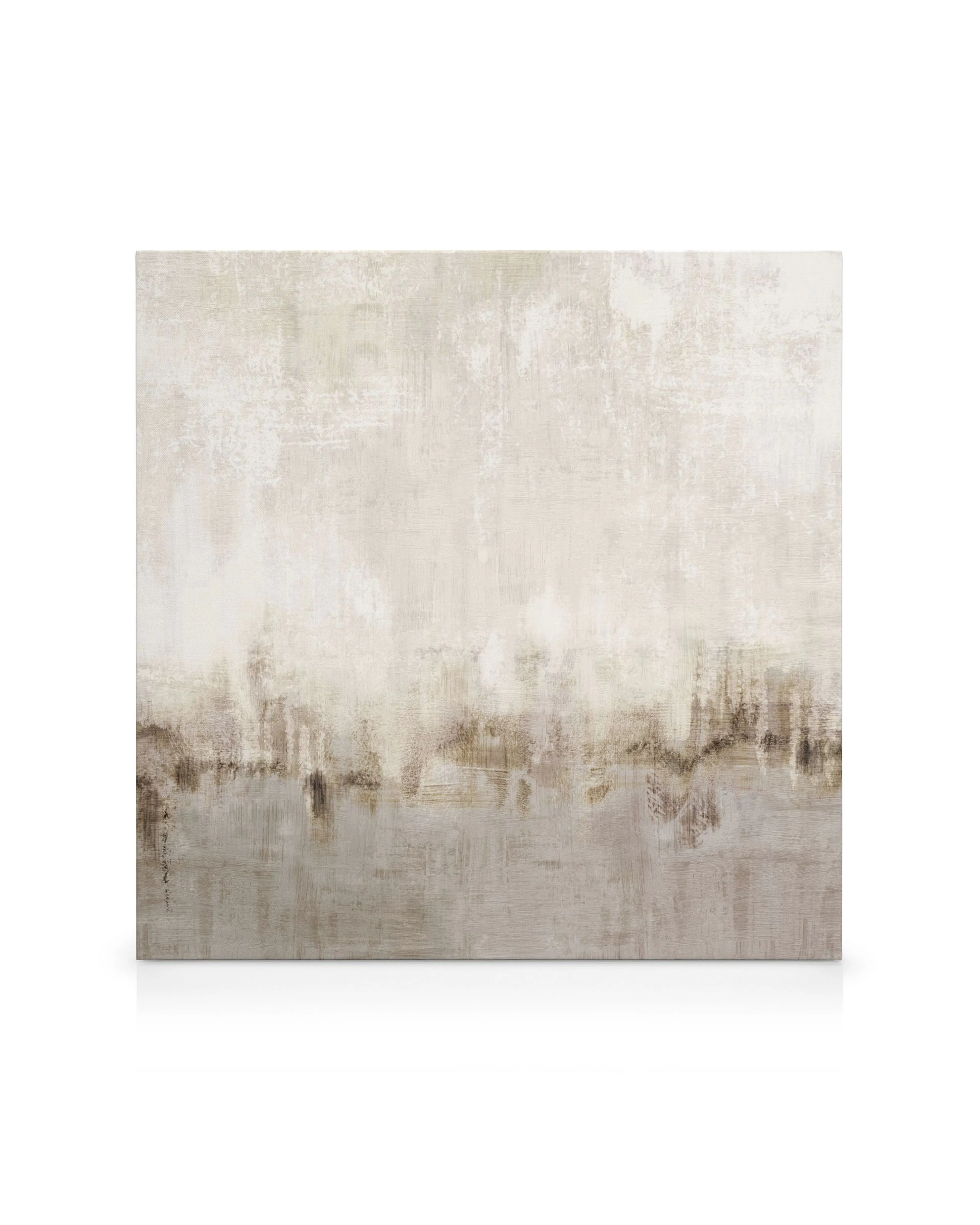 Abstrakt landskapstryck på canvas i beige, vitt och brunt med horisontella ränder och smetningar.