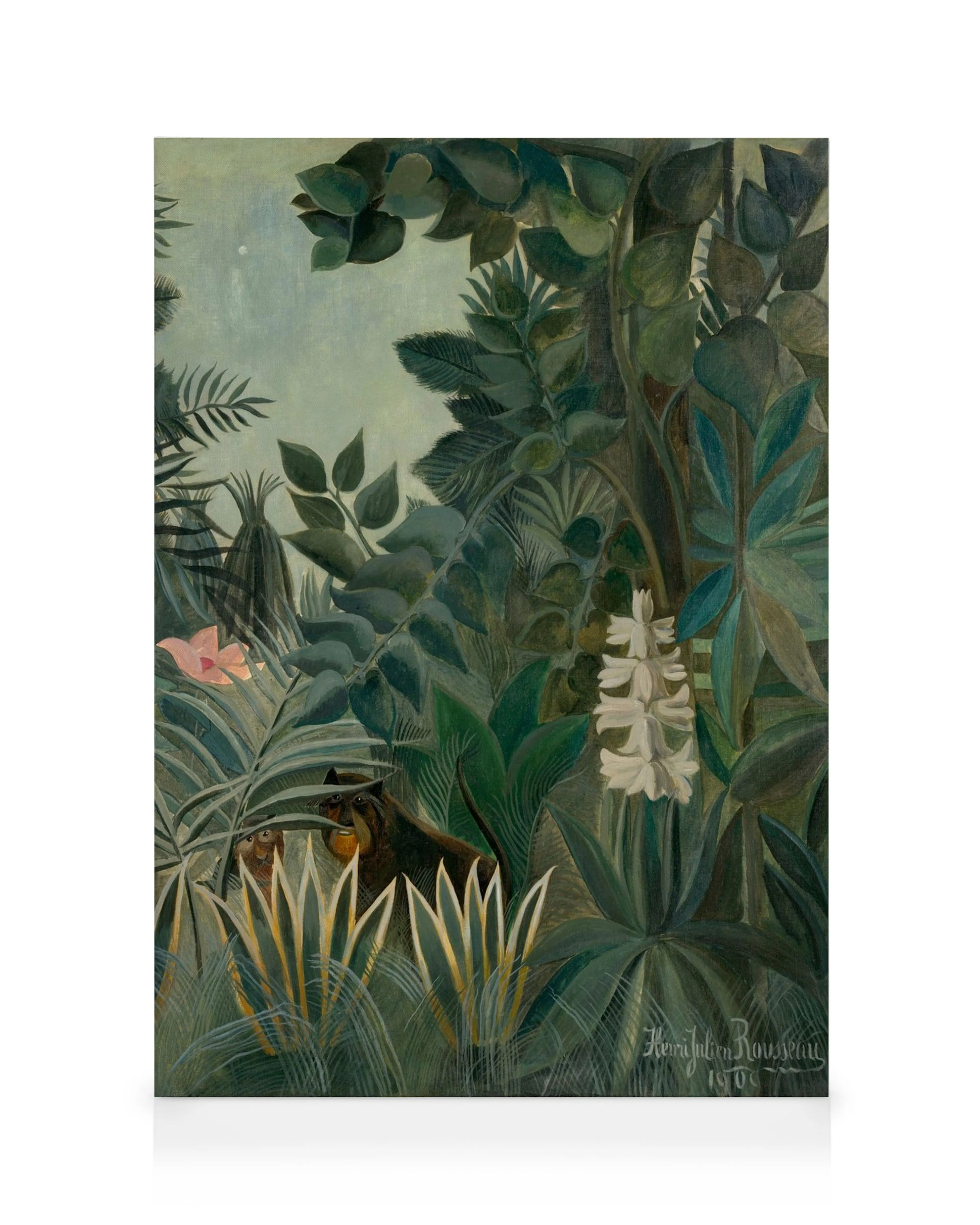 Tela A Selva Equatorial de Rousseau, com folhagem densa, flores brancas e acentos rosa, tema tropical selva.