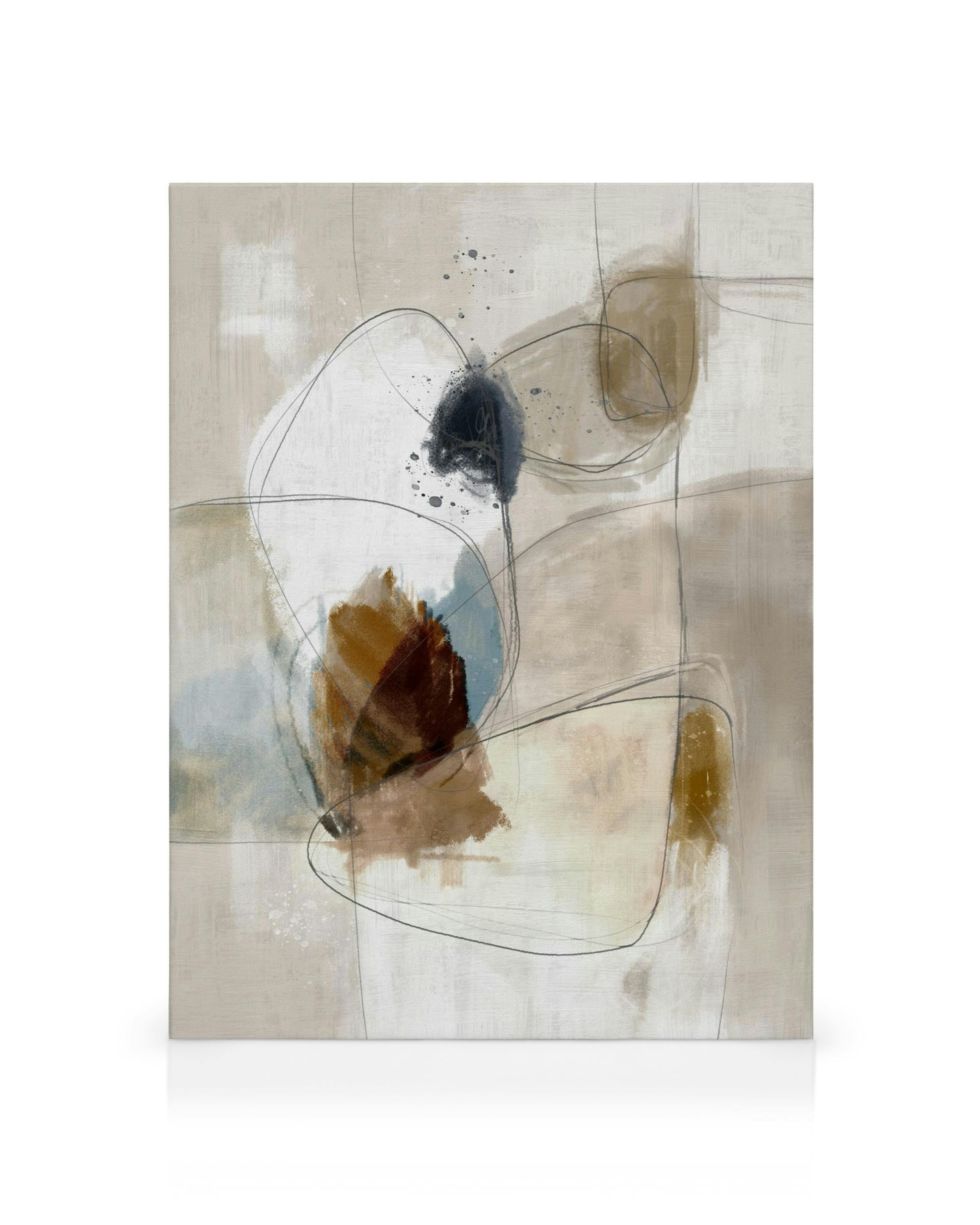Toile abstraite beige avec taches, lignes courbes et touches de bleu, marron, or et noir