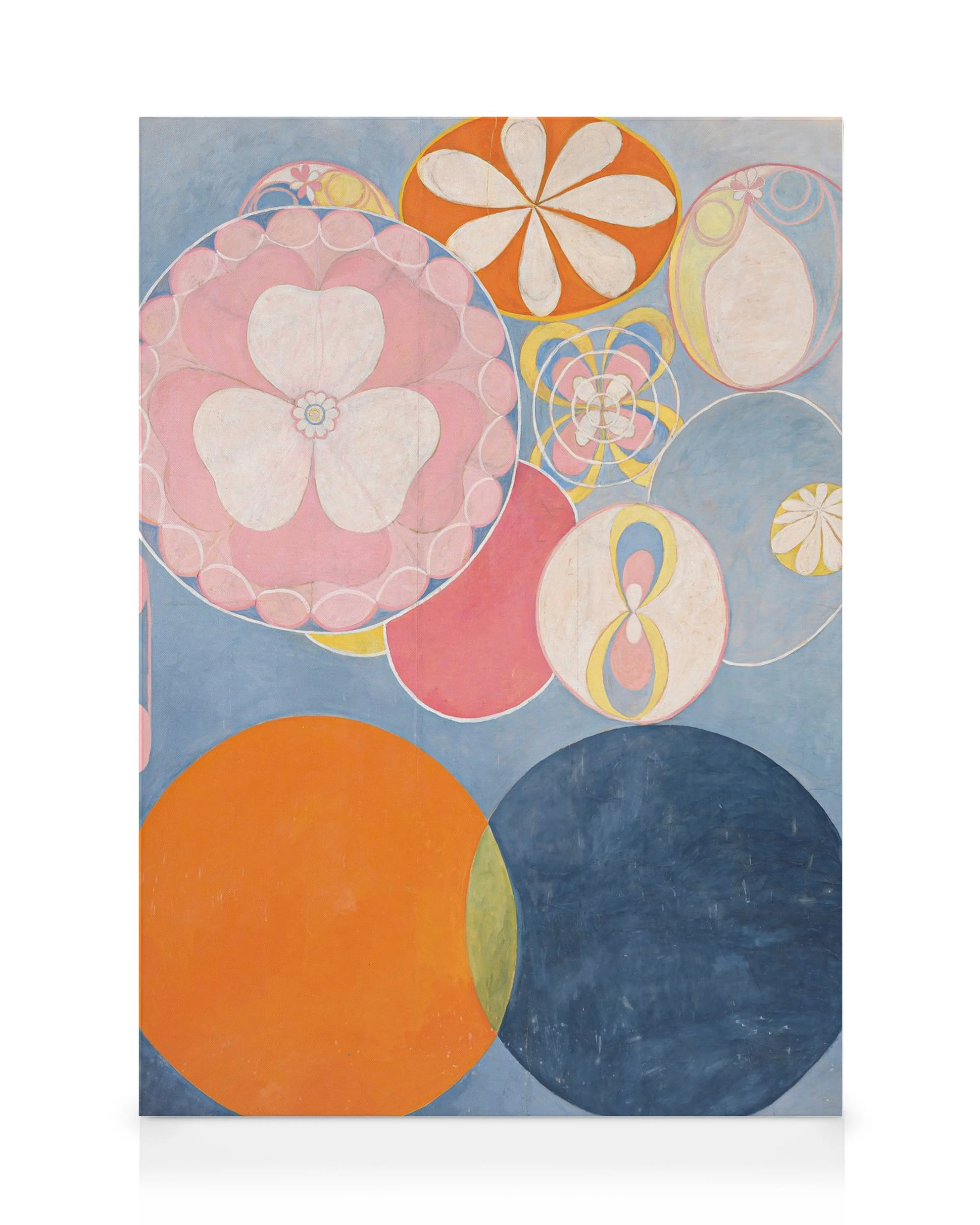 Abstraktes Leinwandbild, Hilma af Klint, The Ten Largest, Childhood, No. 2, mit bunten Kreisen und Formen auf blauem Hintergrund