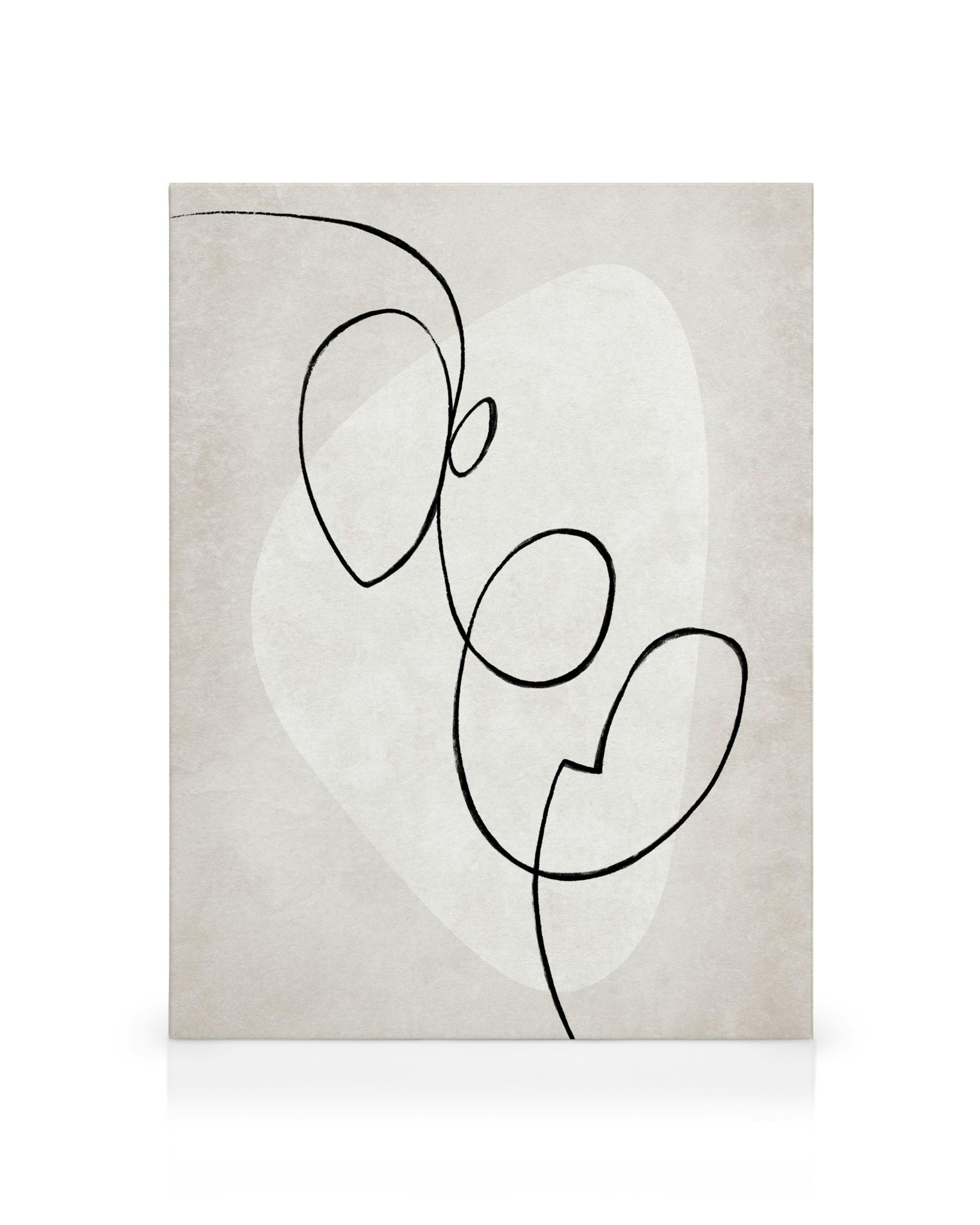 Abstract black line art canvas print with flowing, organic shapes on a beige background, resembling leaves or petals.