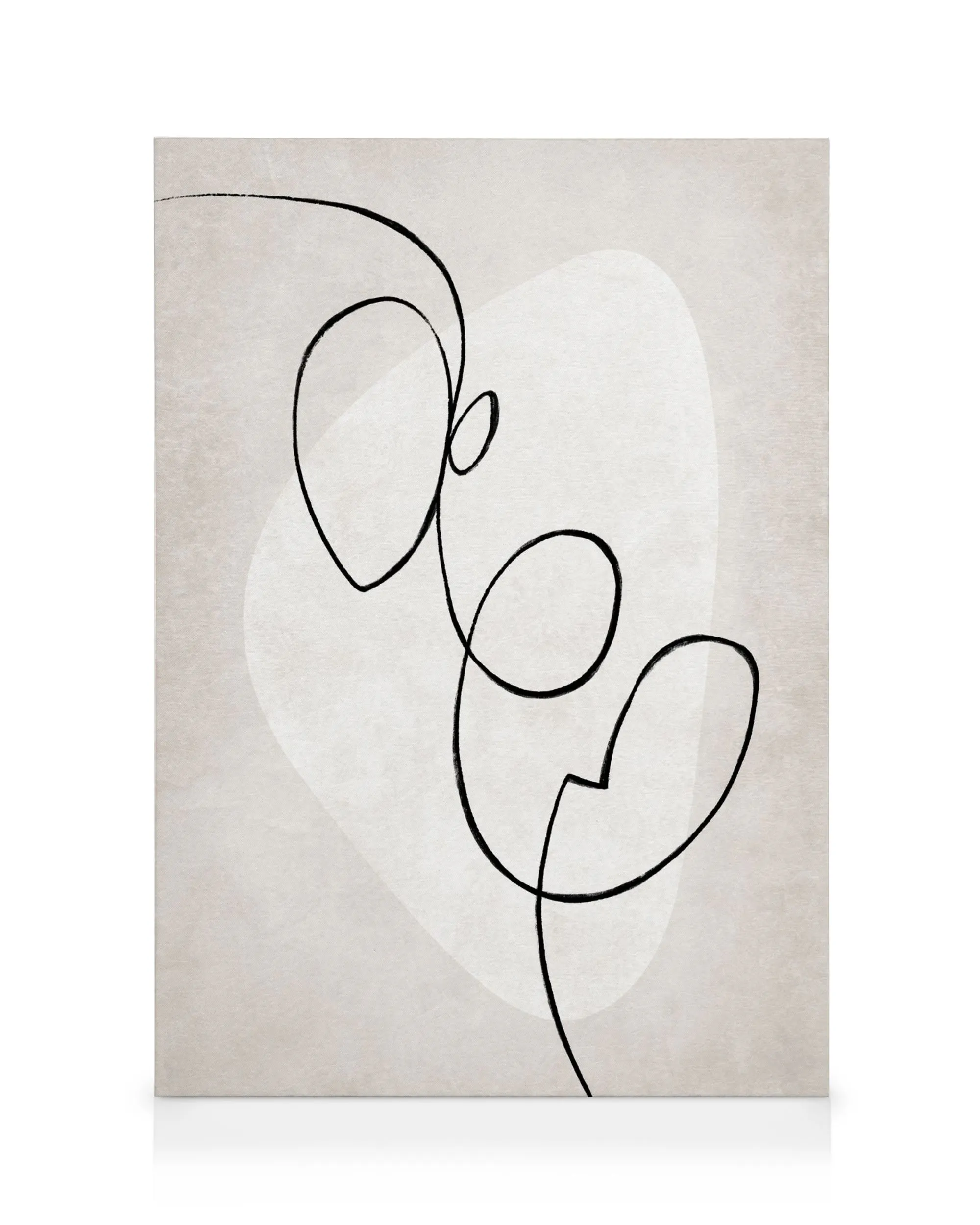 Plátno s černou abstraktní linií na béžovém pozadí se světle šedým oválným tvarem, minimalistický design.