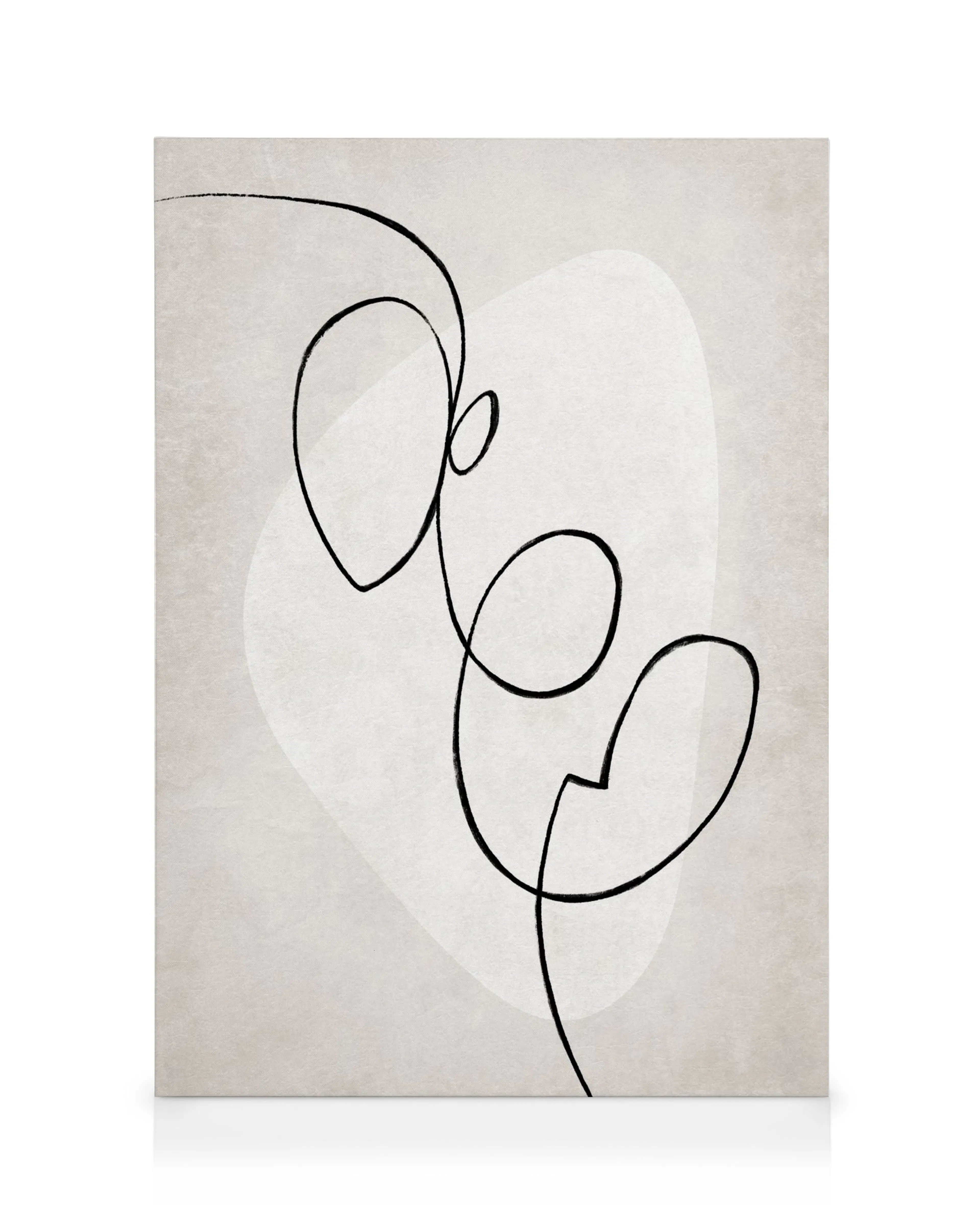 Plátno s černou abstraktní linií na béžovém pozadí se světle šedým oválným tvarem, minimalistický design.