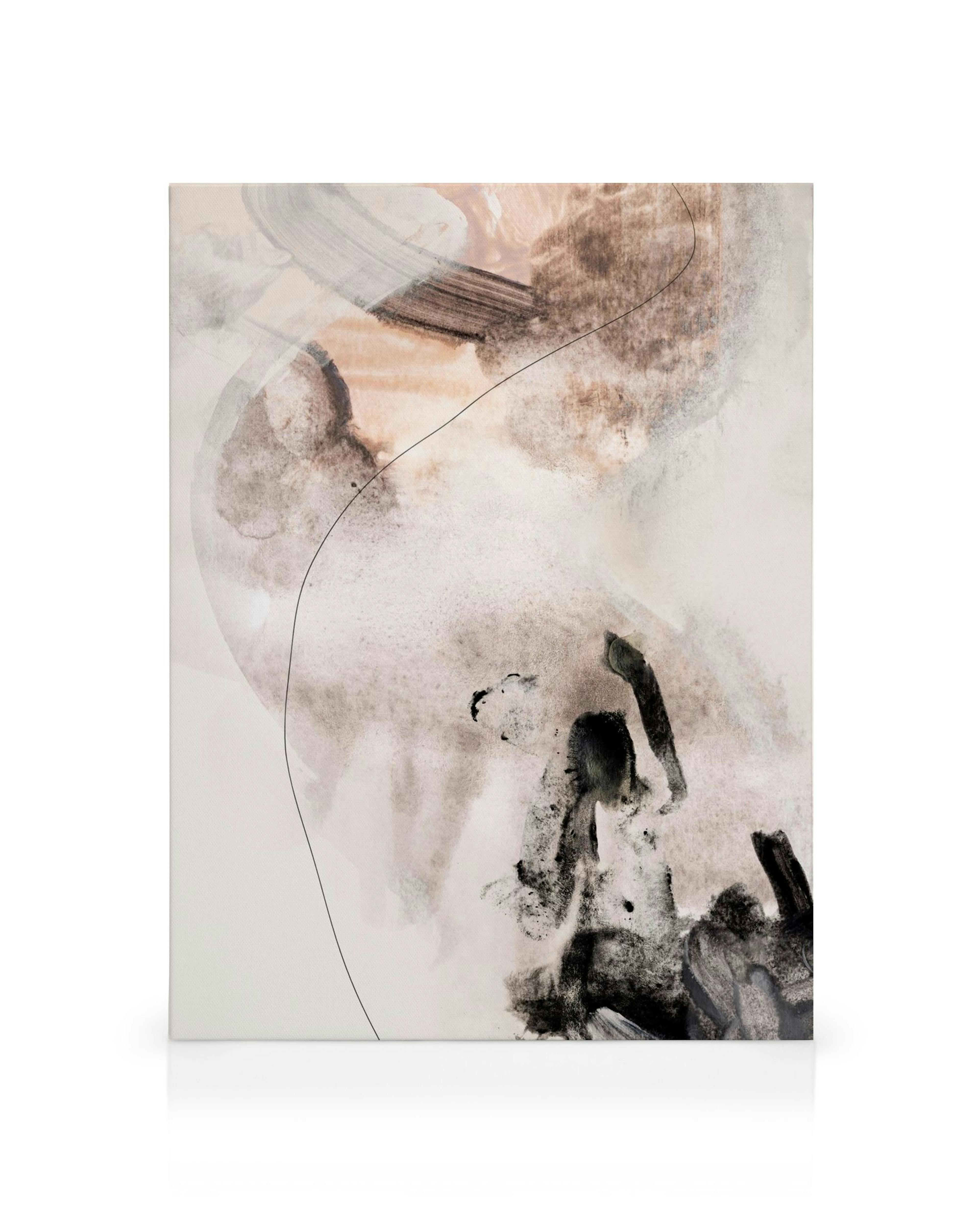 Αφηρημένη τέχνη σε καμβά με καφέ, μαύρους και λευκούς τόνους, με απαλές πινελιές και γραμμές.