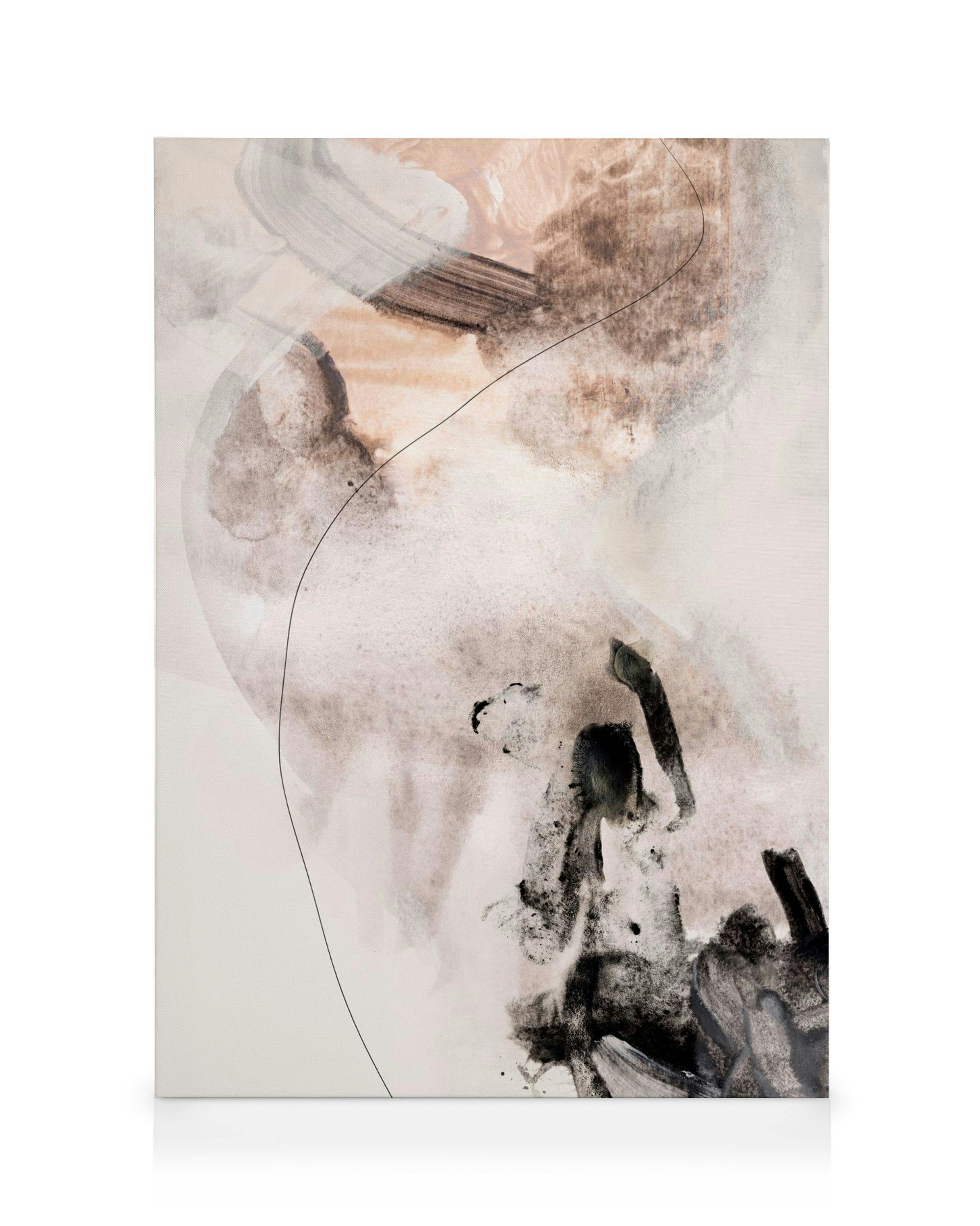 Αφηρημένη τέχνη σε καμβά με καφέ, μαύρους και λευκούς τόνους, με απαλές πινελιές και γραμμές.