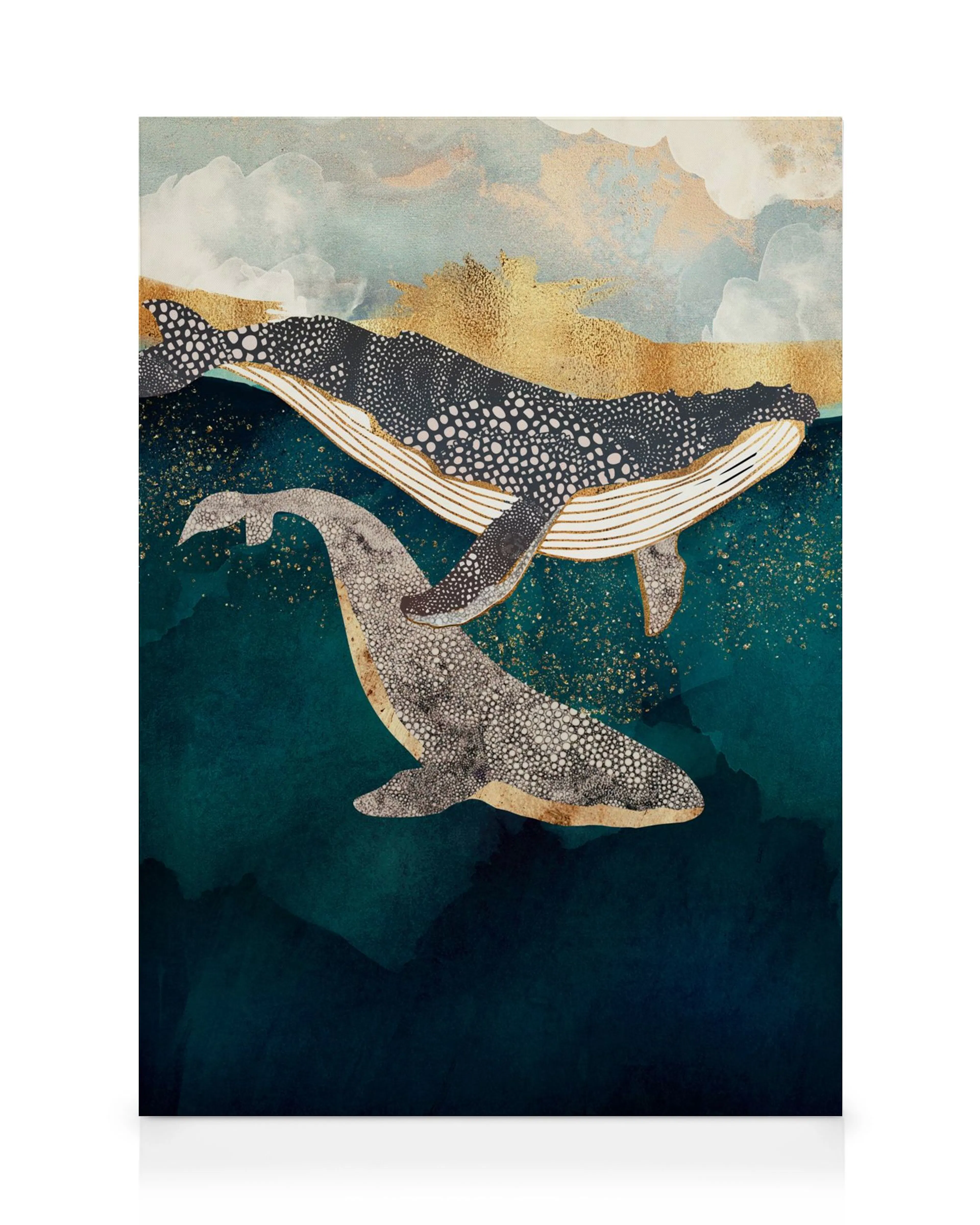 Bond II canvas print with two textured grey whales in blue-green sea, gold accents, and cloudy sky.