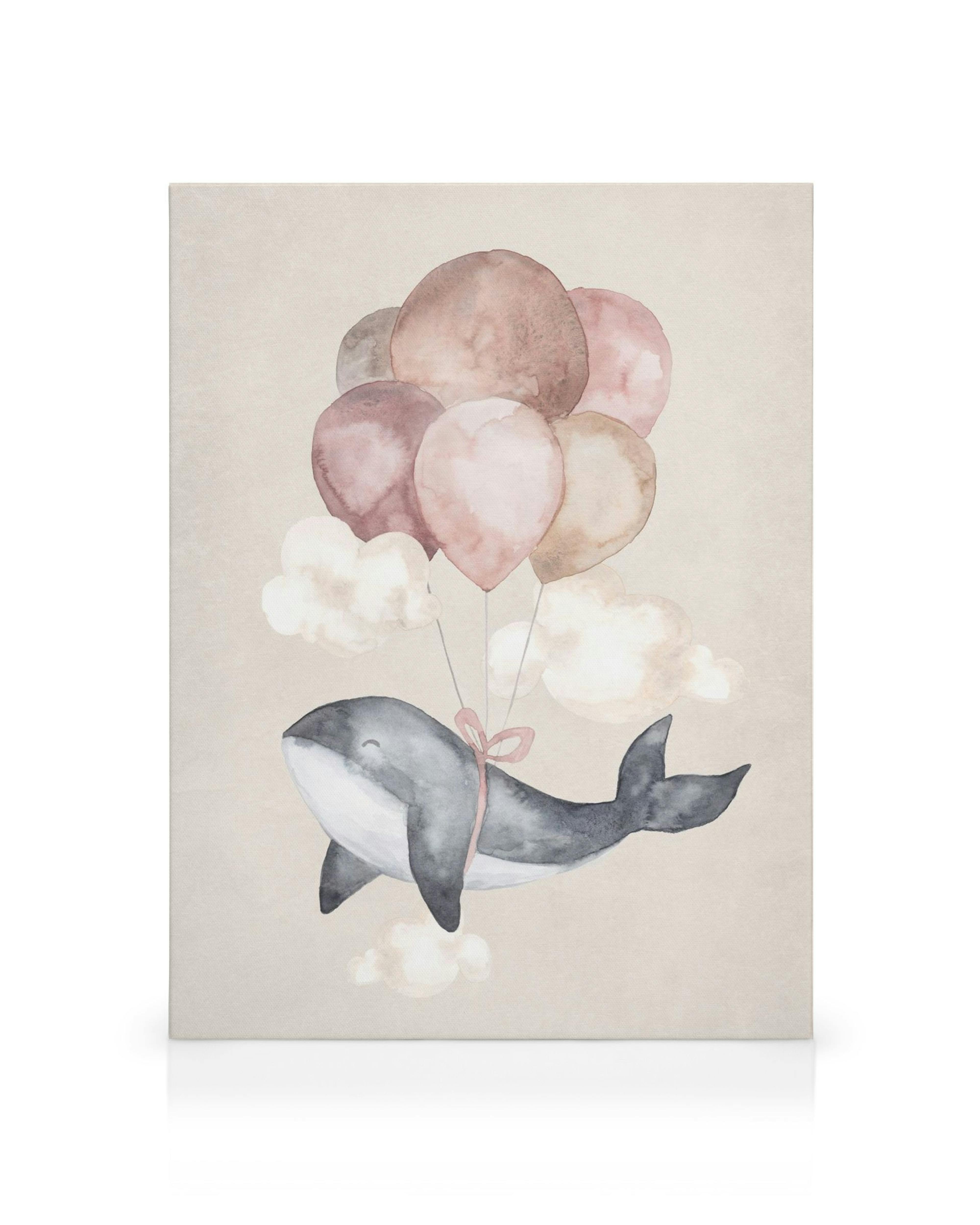 Aquarell-Leinwand mit einem süssen Wal, der an rosa und beigen Ballons vor einem beigen Hintergrund schwebt. Kinderzimmer-Dekora