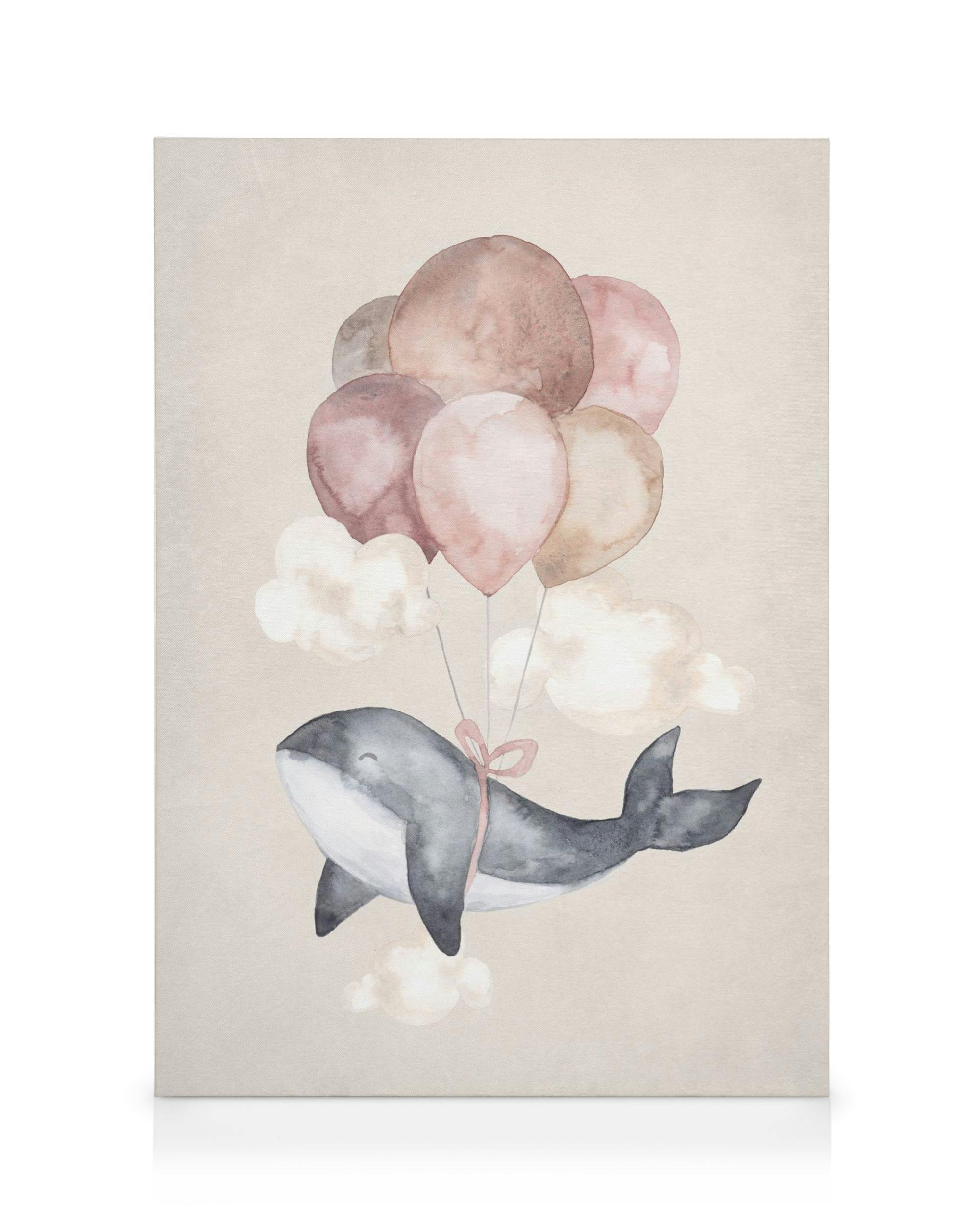 Toile aquarelle dune baleine grise avec nœud rose, flottant avec des ballons cœurs et nuages sur fond beige.