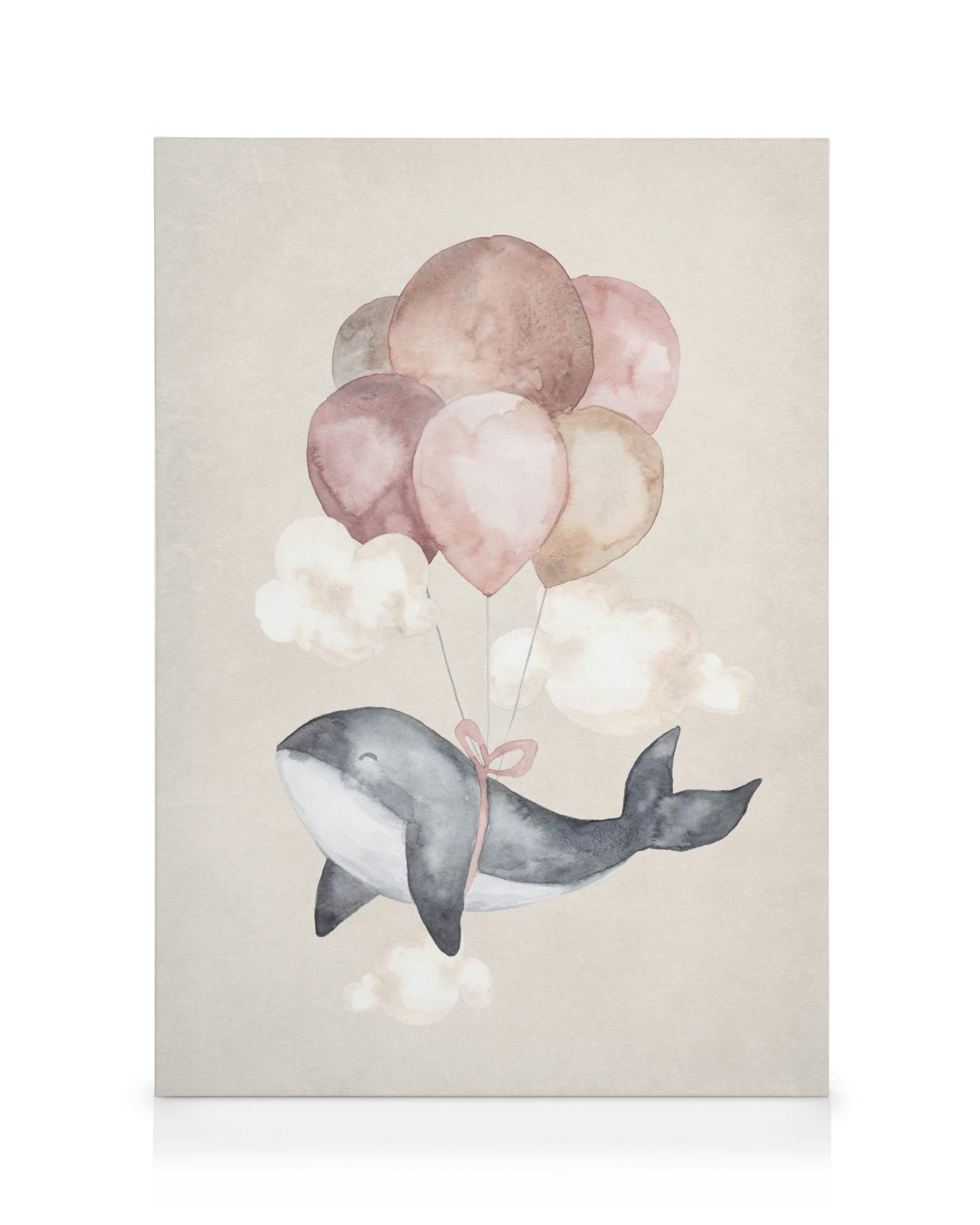 Toile aquarelle dune baleine grise avec nœud rose, flottant avec des ballons cœurs et nuages sur fond beige.