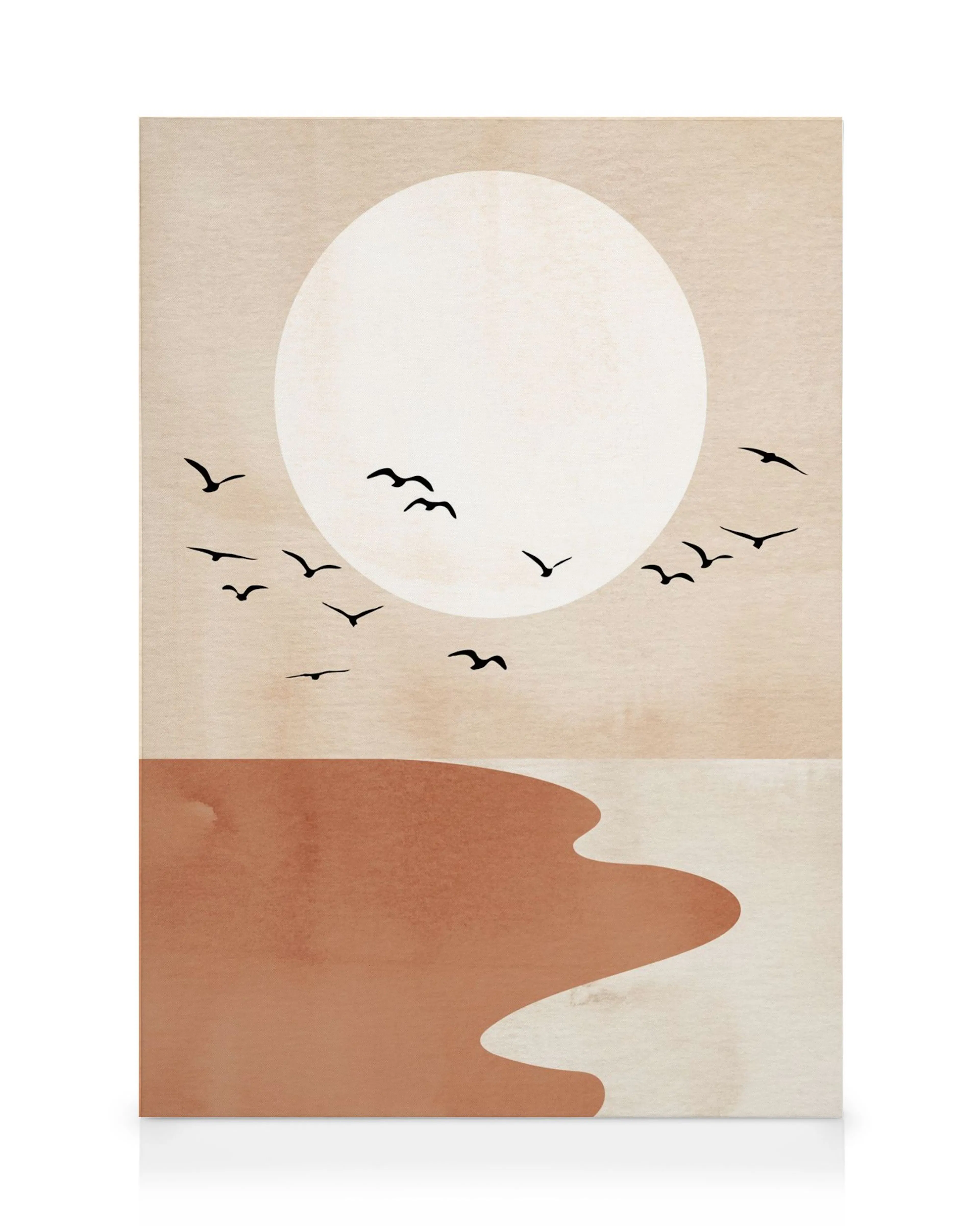 Sunset beach canvas print with a beige background, pale sun, and dark bird silhouettes above a brown wavy line.