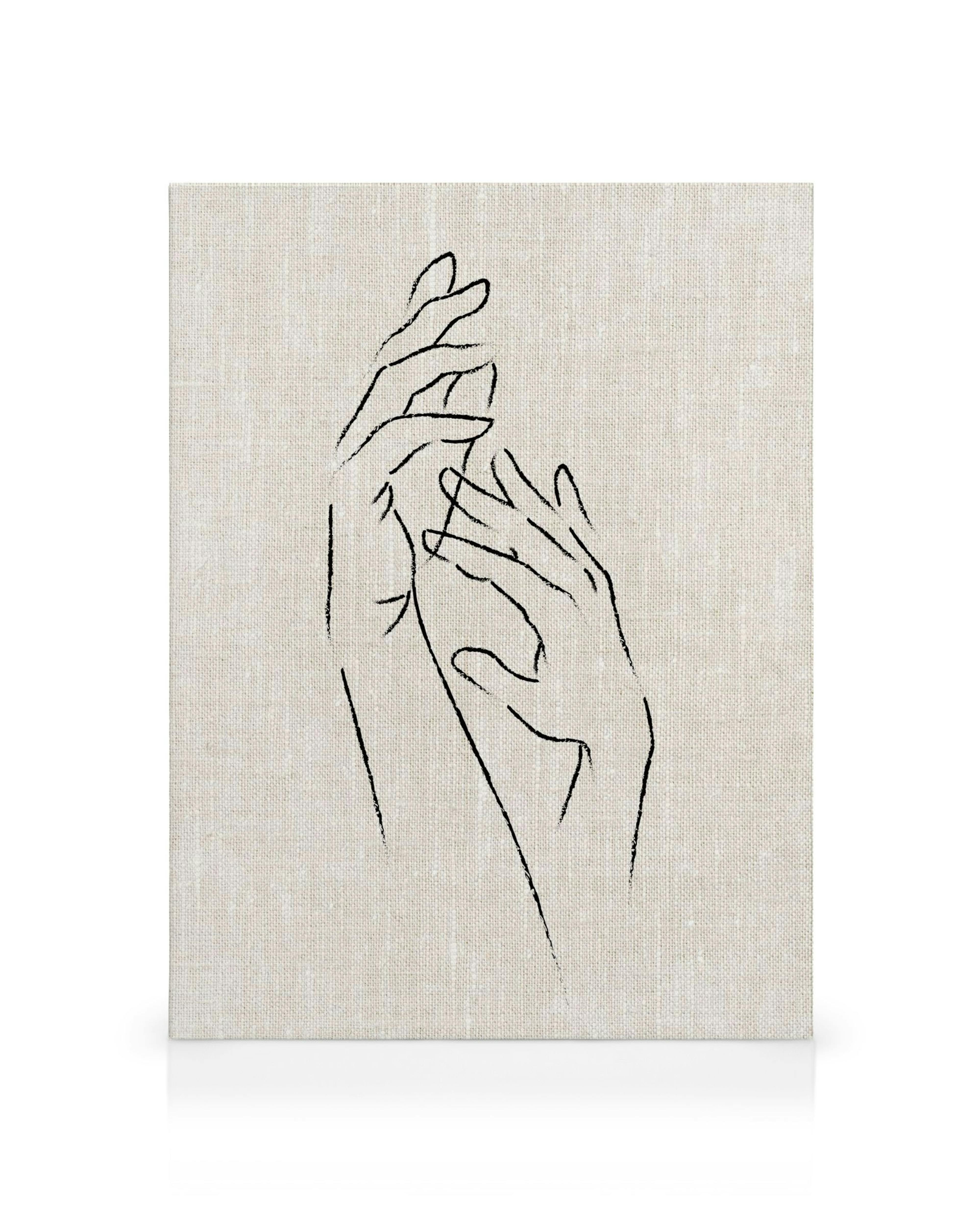 Monochromatic line art canvas print of two hands with fingers intertwined, on a light beige textured background.