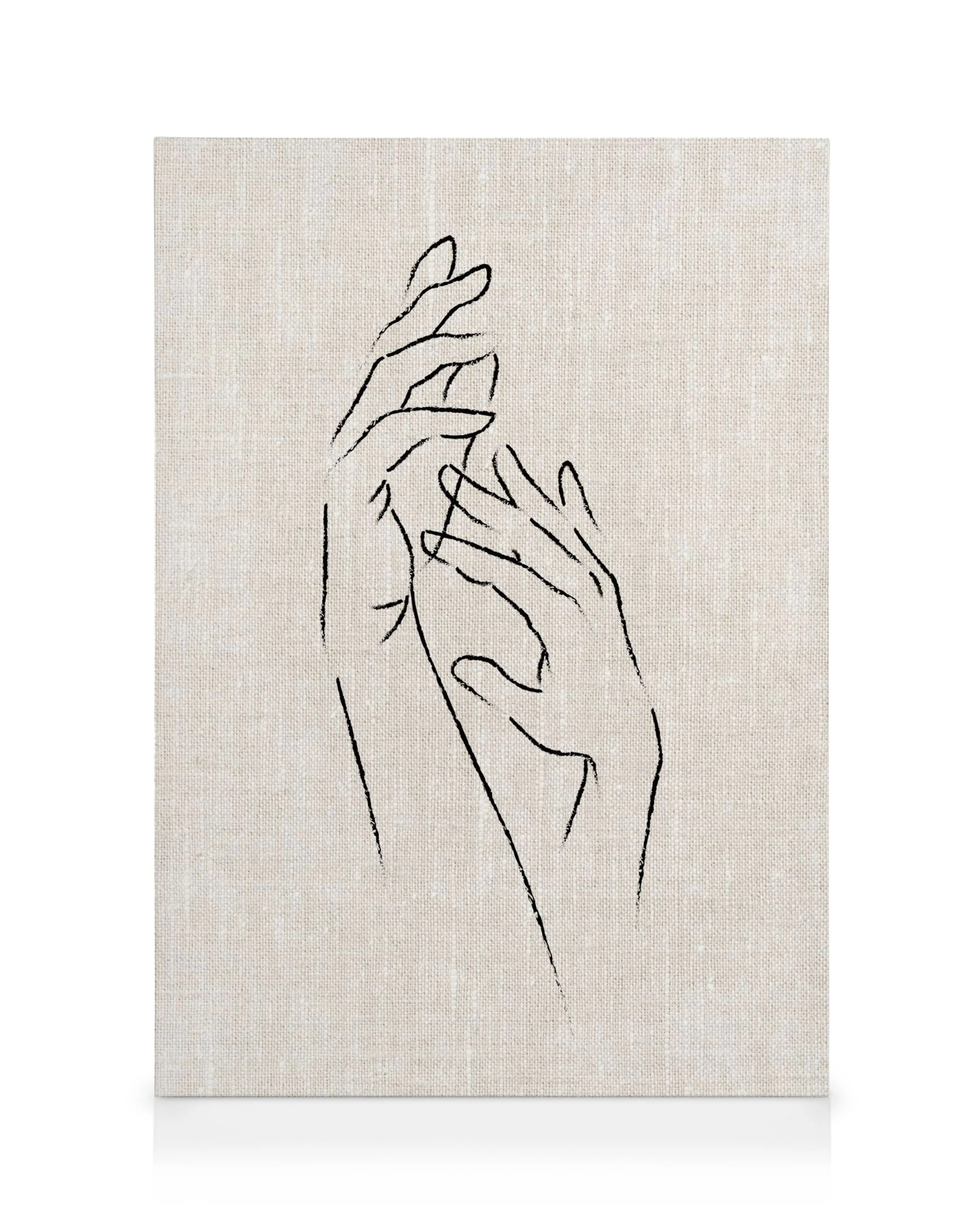 Toile minimaliste noire et beige avec dessin de deux mains entrelacées, style typographie, pour décoration murale.