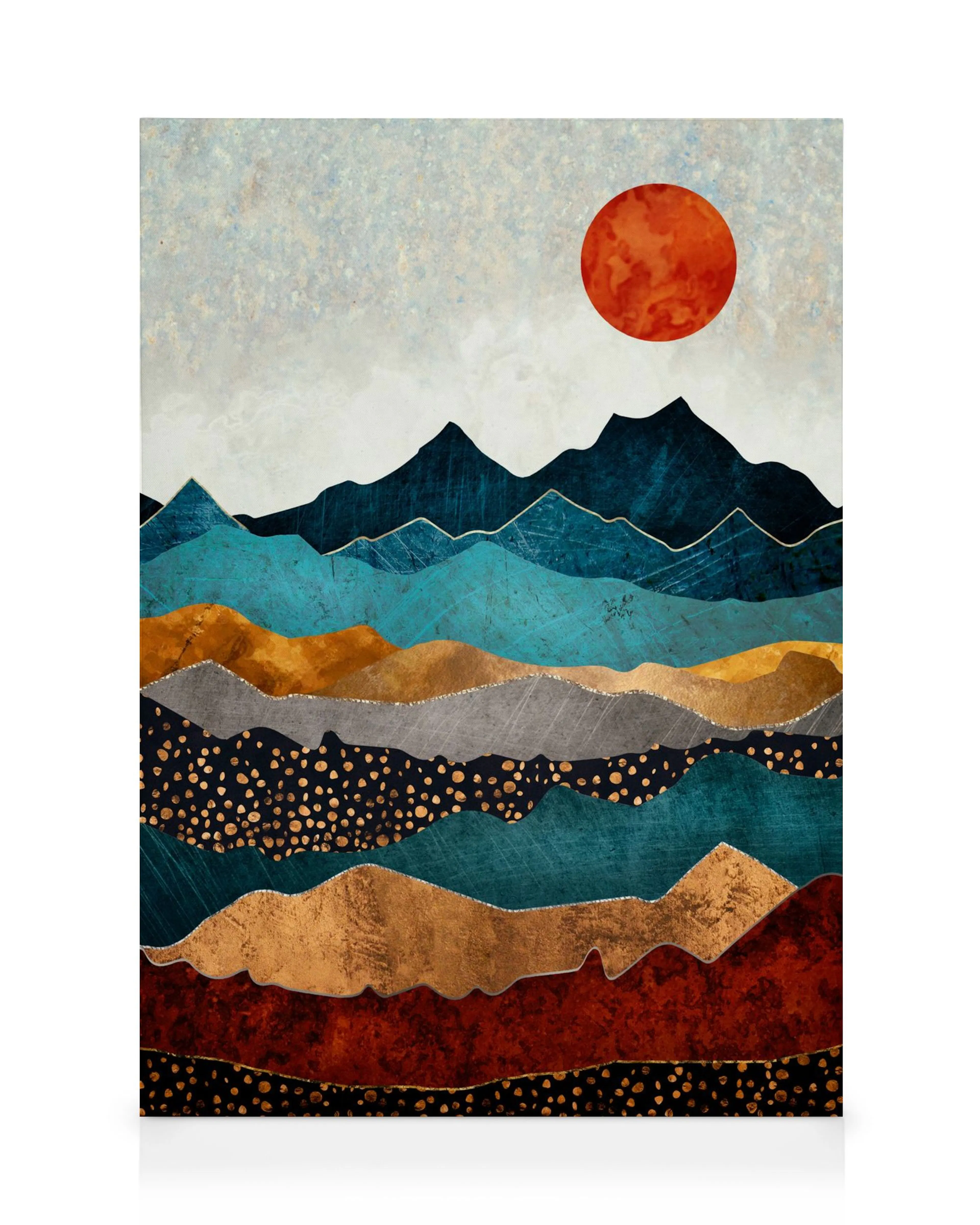 Leinwandbild mit geschichteter Landschaft im Paper-Cut-Stil, Berge in Blau, Teal, Gold und Rot, orangefarbene Sonne.