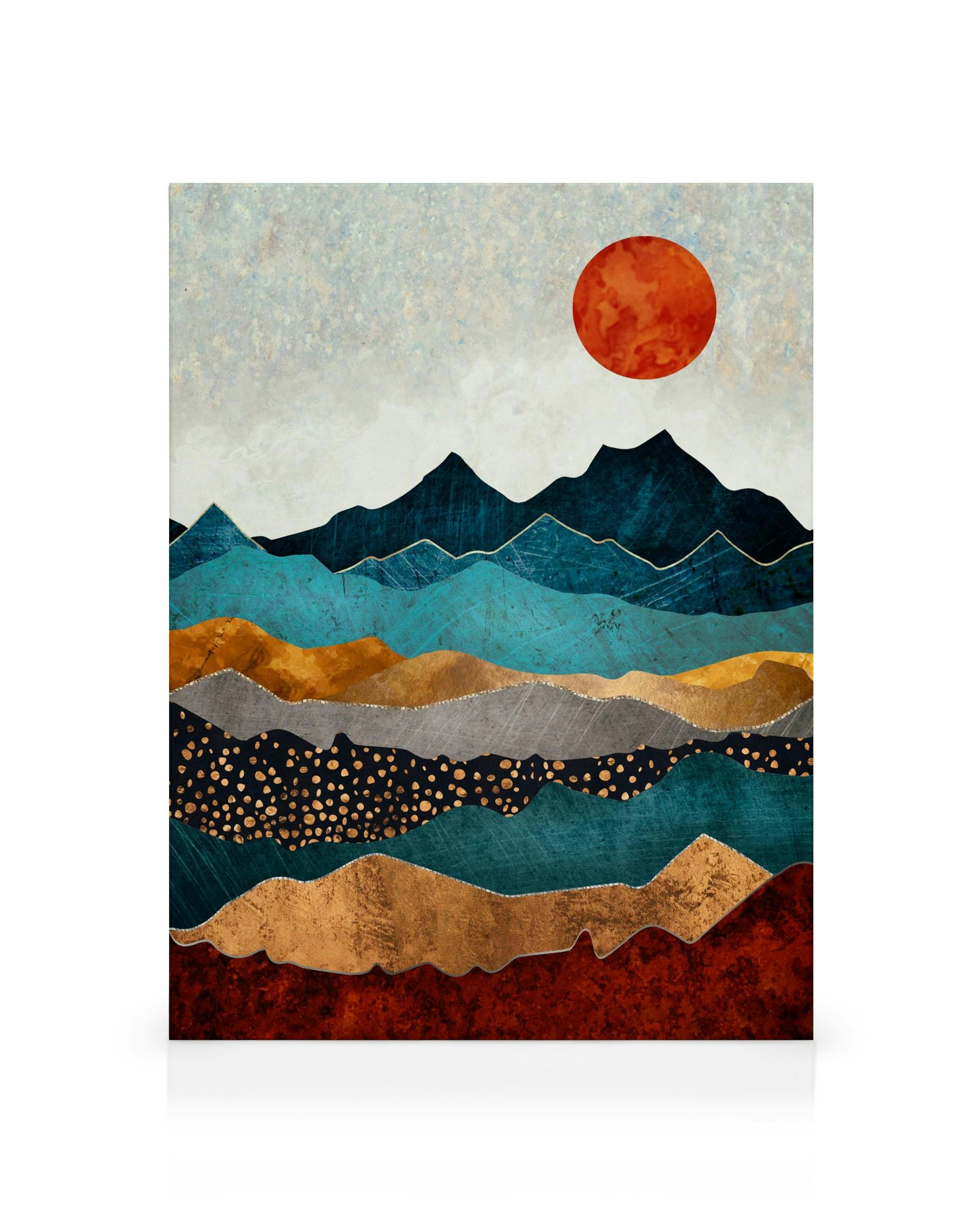Tela decorativa com paisagem de recorte de papel, com montanhas em azul, teal e dourado, e sol laranja texturizado.