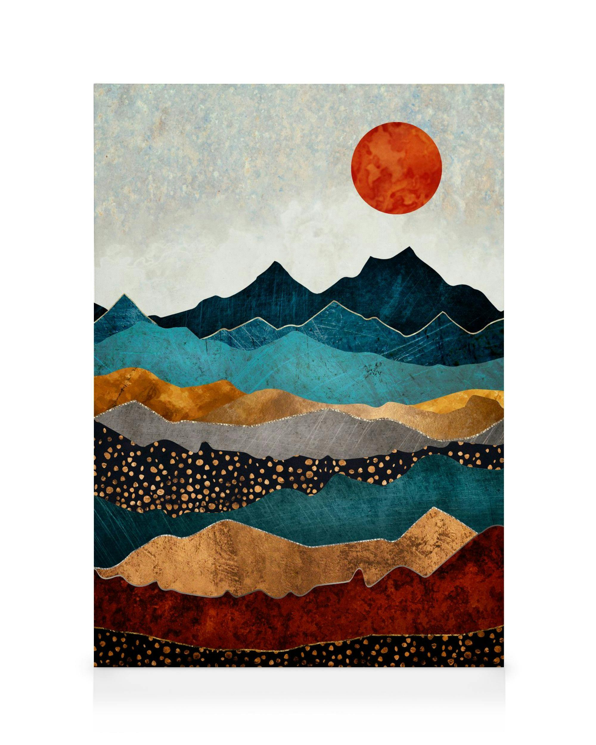 Toile de paysage superposé style papier découpé tons bleu, turquoise, or et marron, soleil orange texturé.