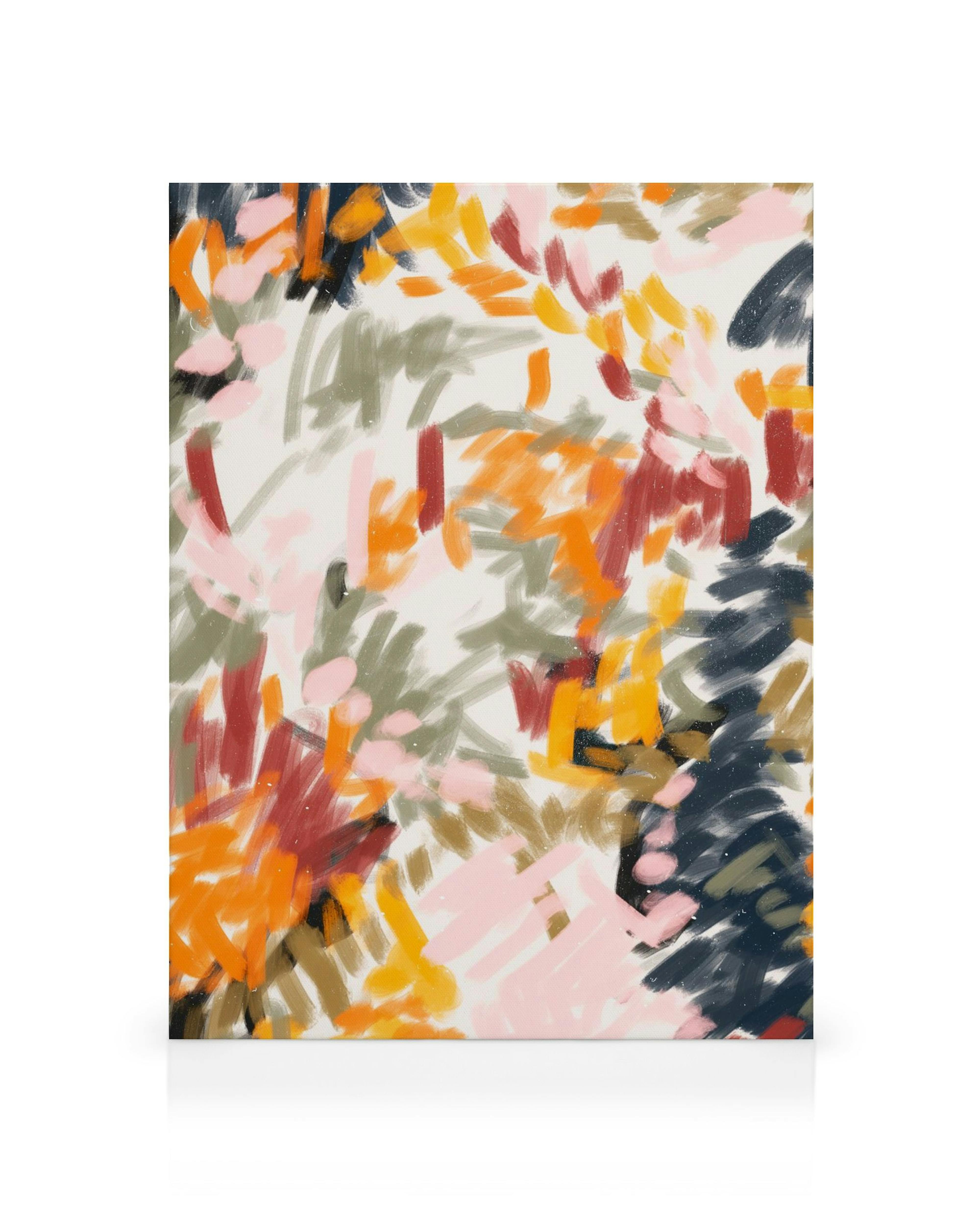 Κάμβας Le Jardin No2, αφηρημένη τέχνη με πινελιές σε πορτοκαλί, ροζ, πράσινο, μπορντό, μπλε.