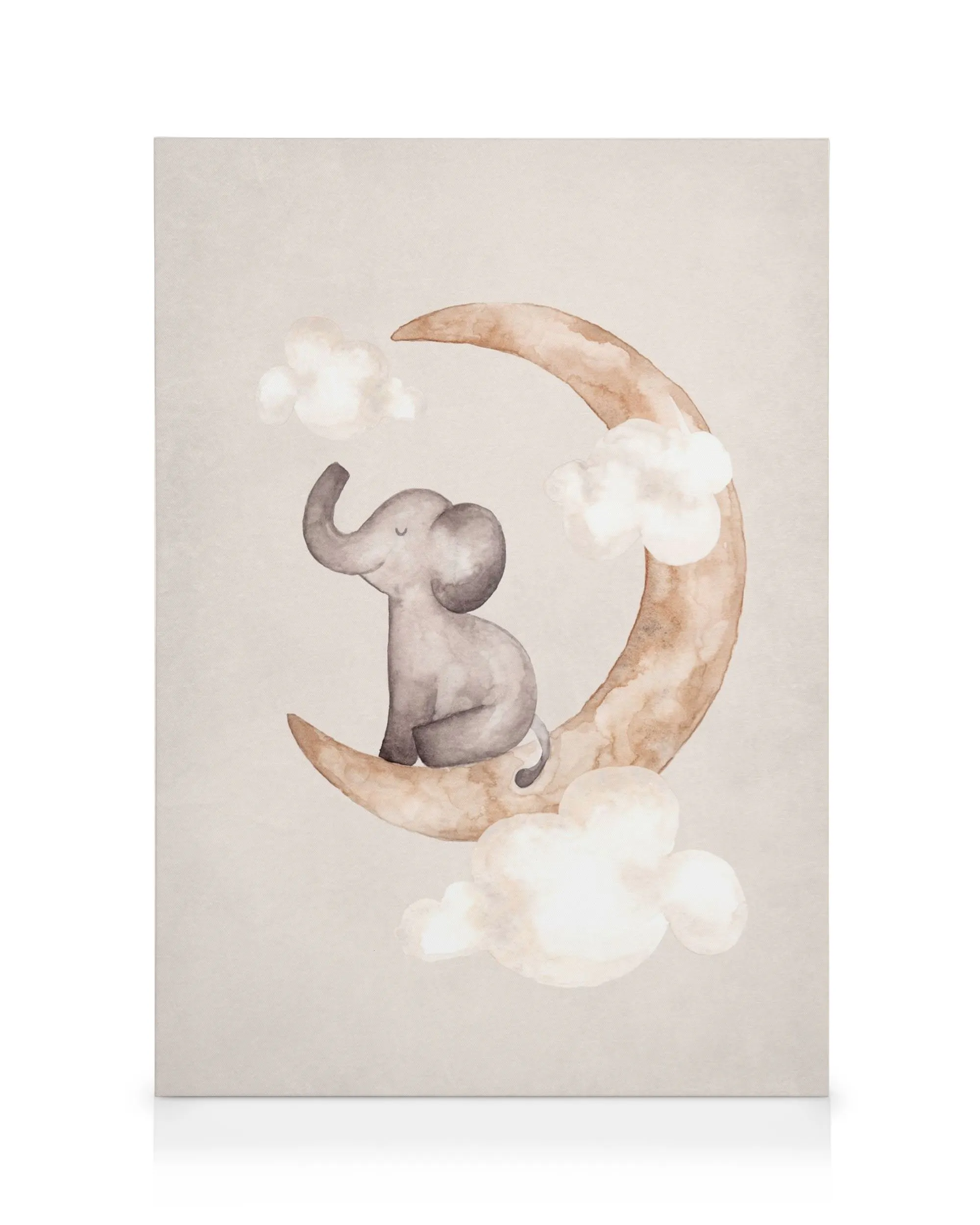 Watercolour painting of a cute baby elephant sitting on a crescent moon, surrounded by fluffy white clouds, on a beige backgroun