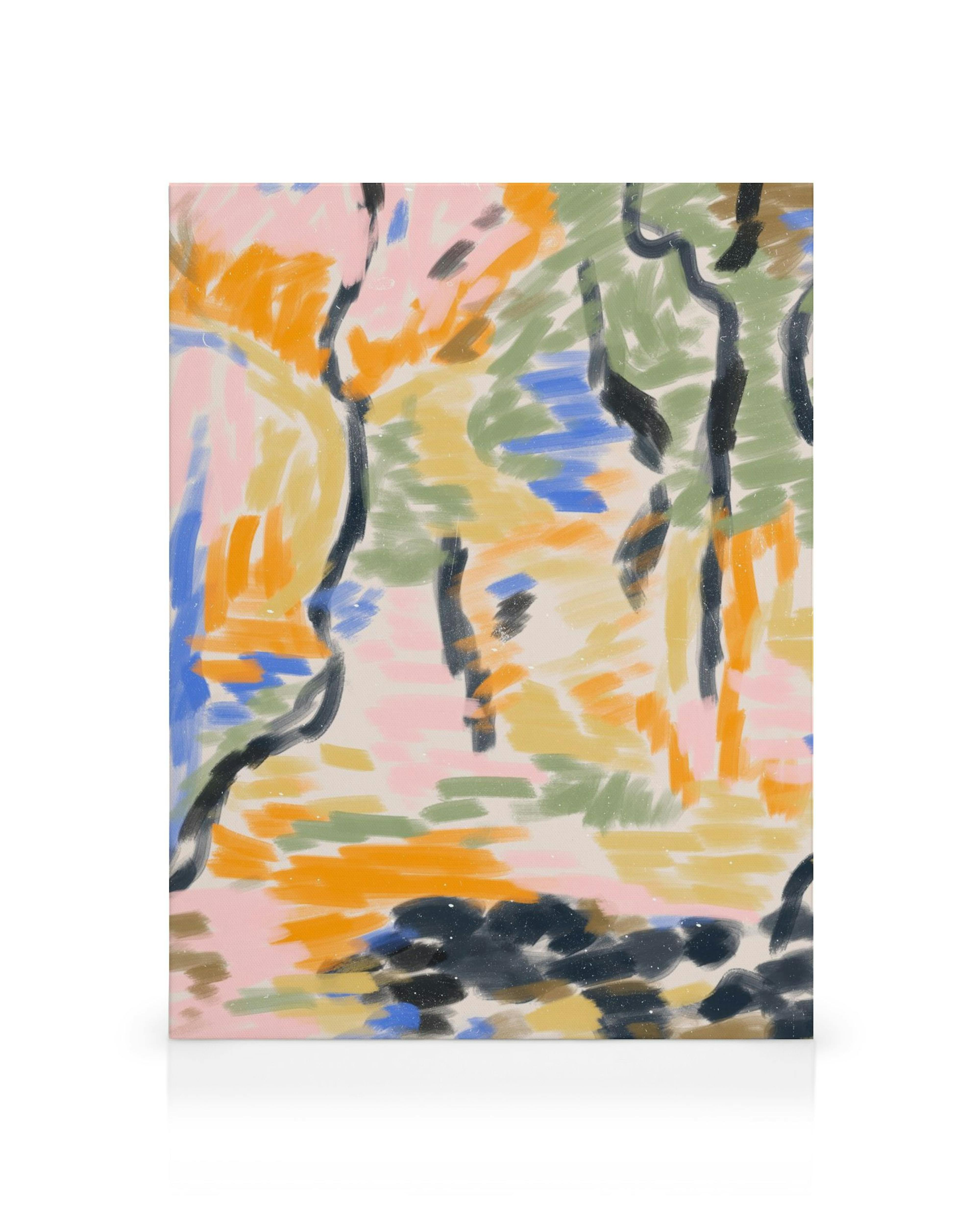 Abstrakt canvas Le Jardin No1 med livfulla penseldrag i rosa, orange, grönt och blått, som skapar ett drömskt trädgårdslandskap.