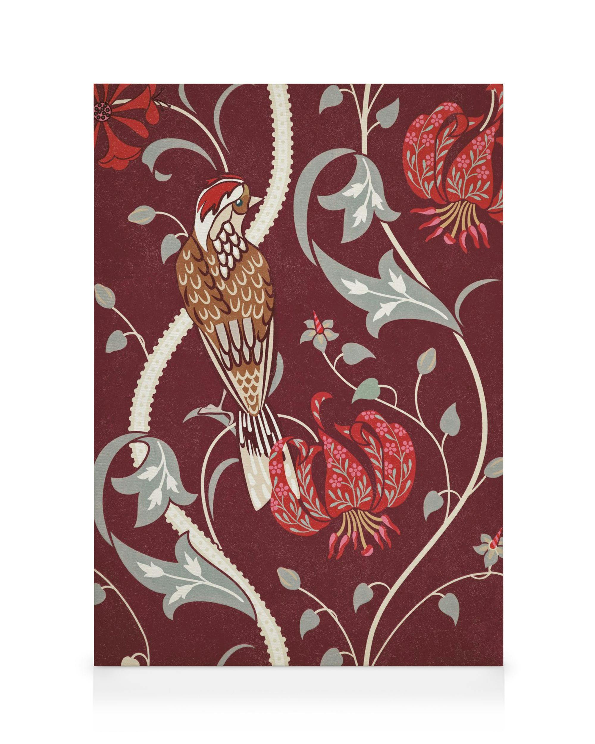 Pica-pau em galho branco com padrão floral vermelho, arte de parede decorativa com flores estilizadas.