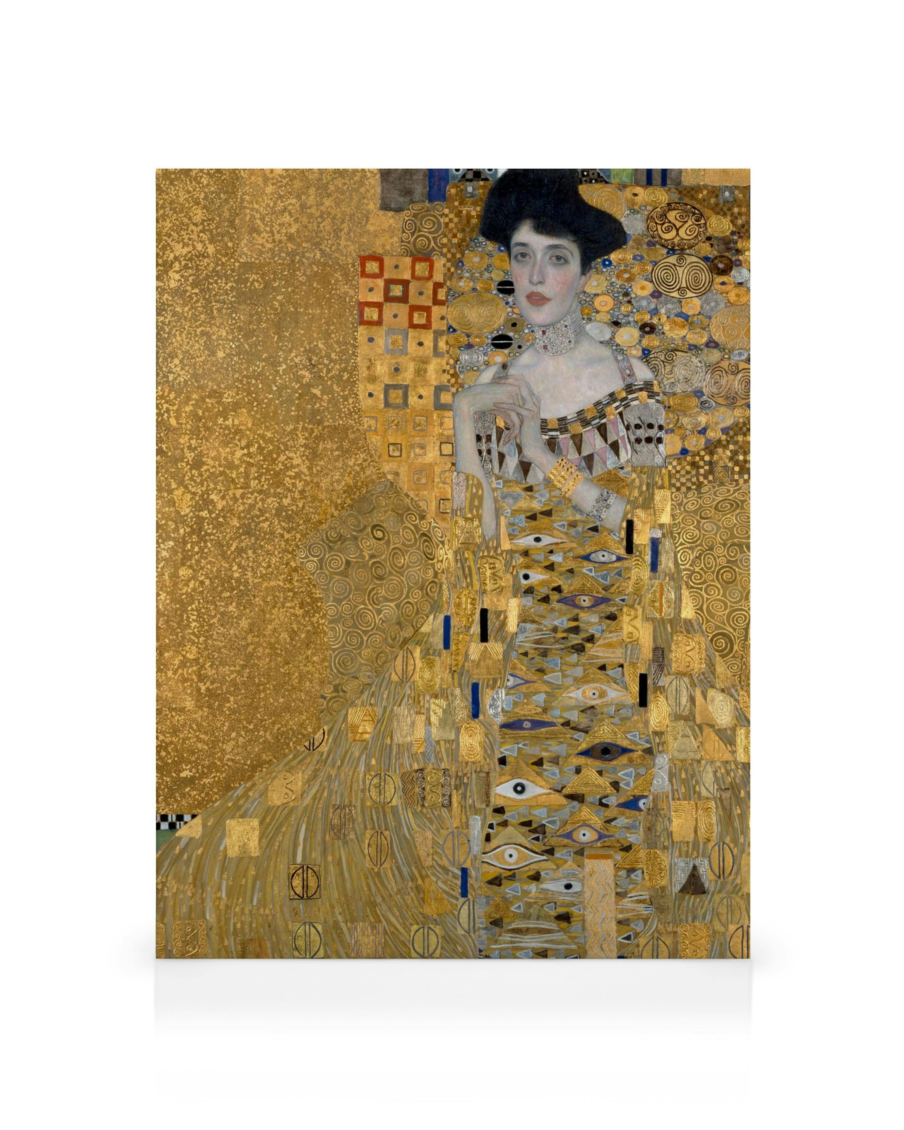Gustav Klimts Portrait of Adele Bloch-Bauer I, een vrouw in een gouden jurk met kronkelende vormen en ogen.