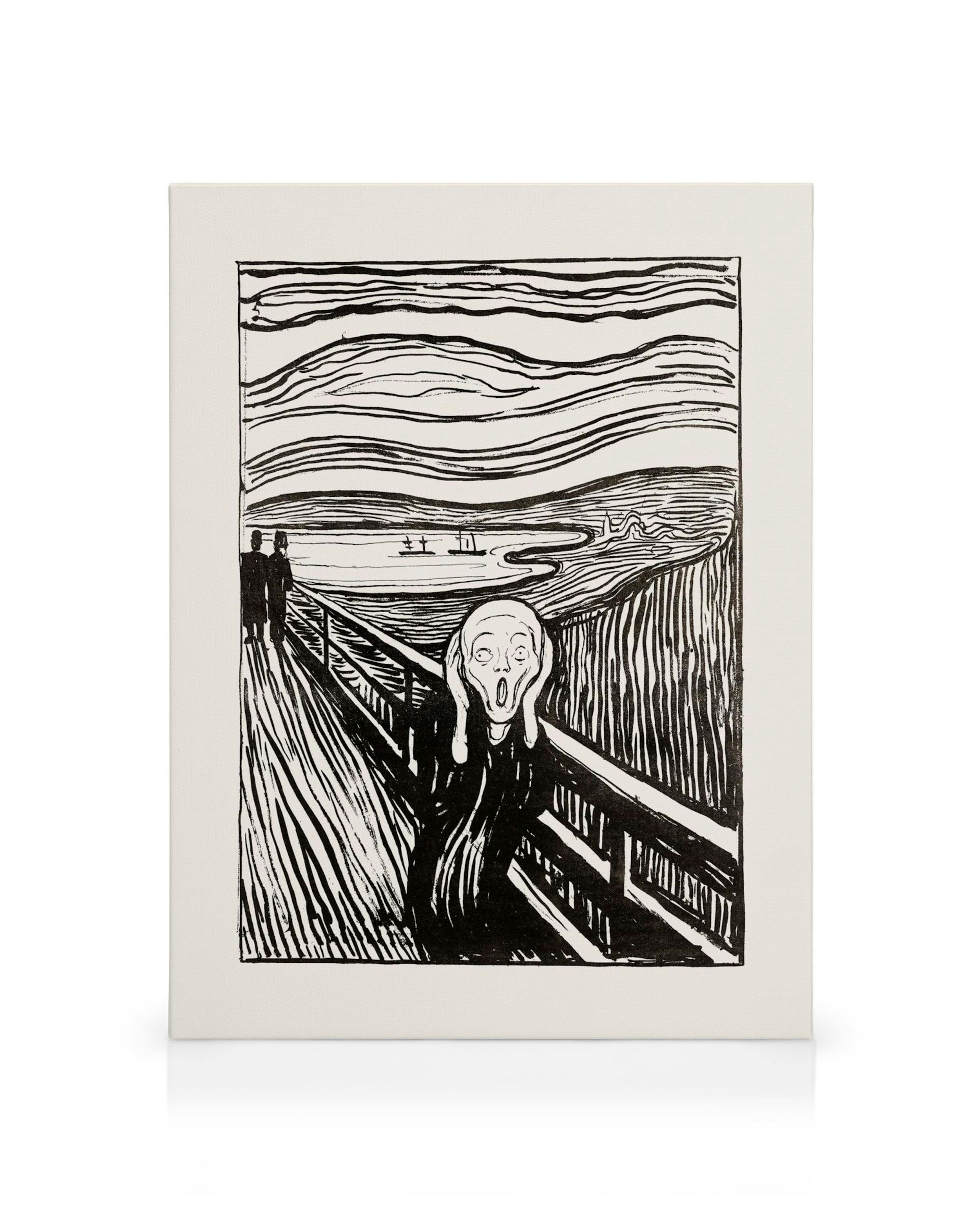 Stampa su tela in bianco e nero di Edvard Munch, Lurlo, con figura centrale che urla e linee ondulate.
