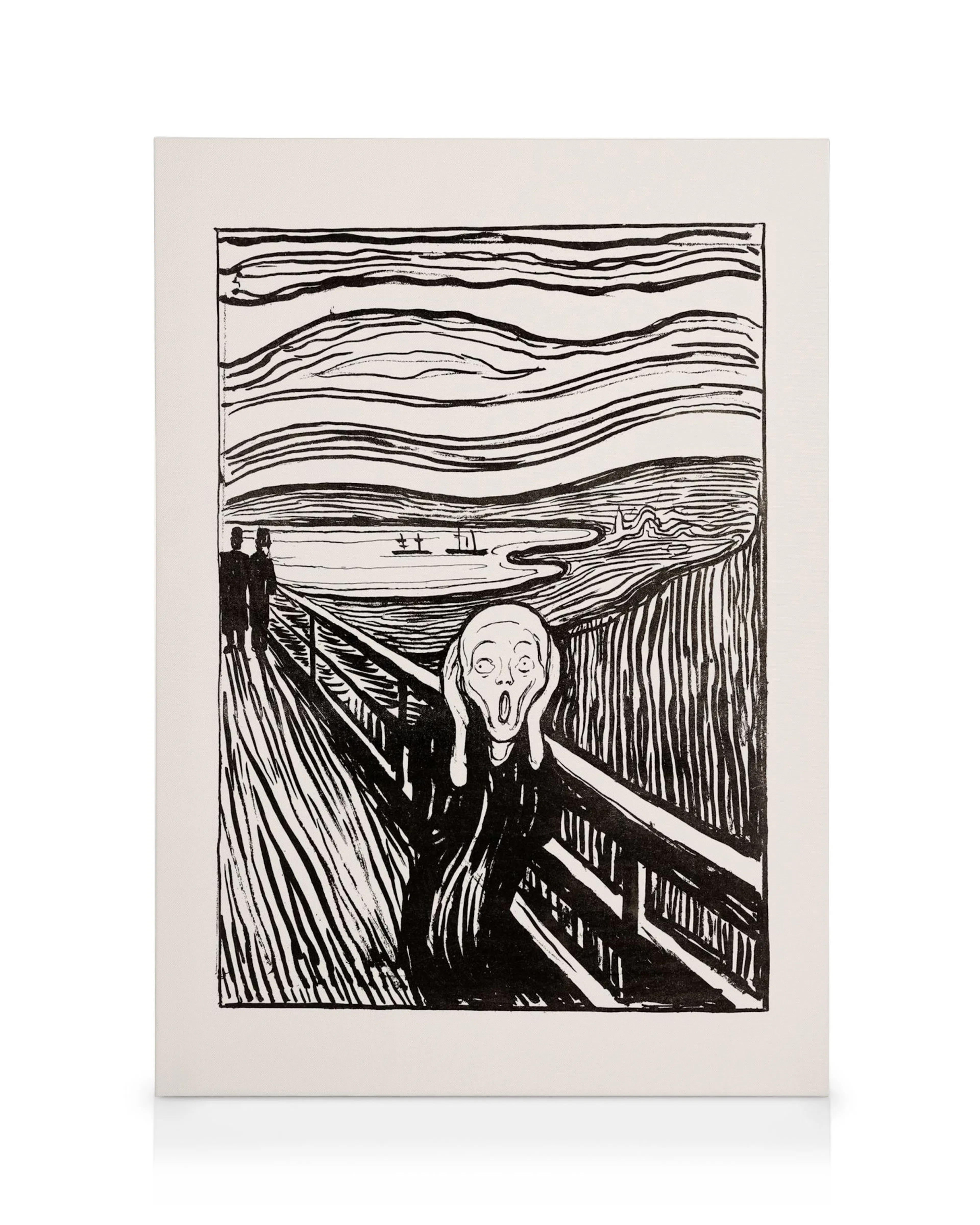 Edvard Munchs Skriget i sort-hvid. Ansigt med hænder over ørerne på broen med flod og himmel i baggrunden.