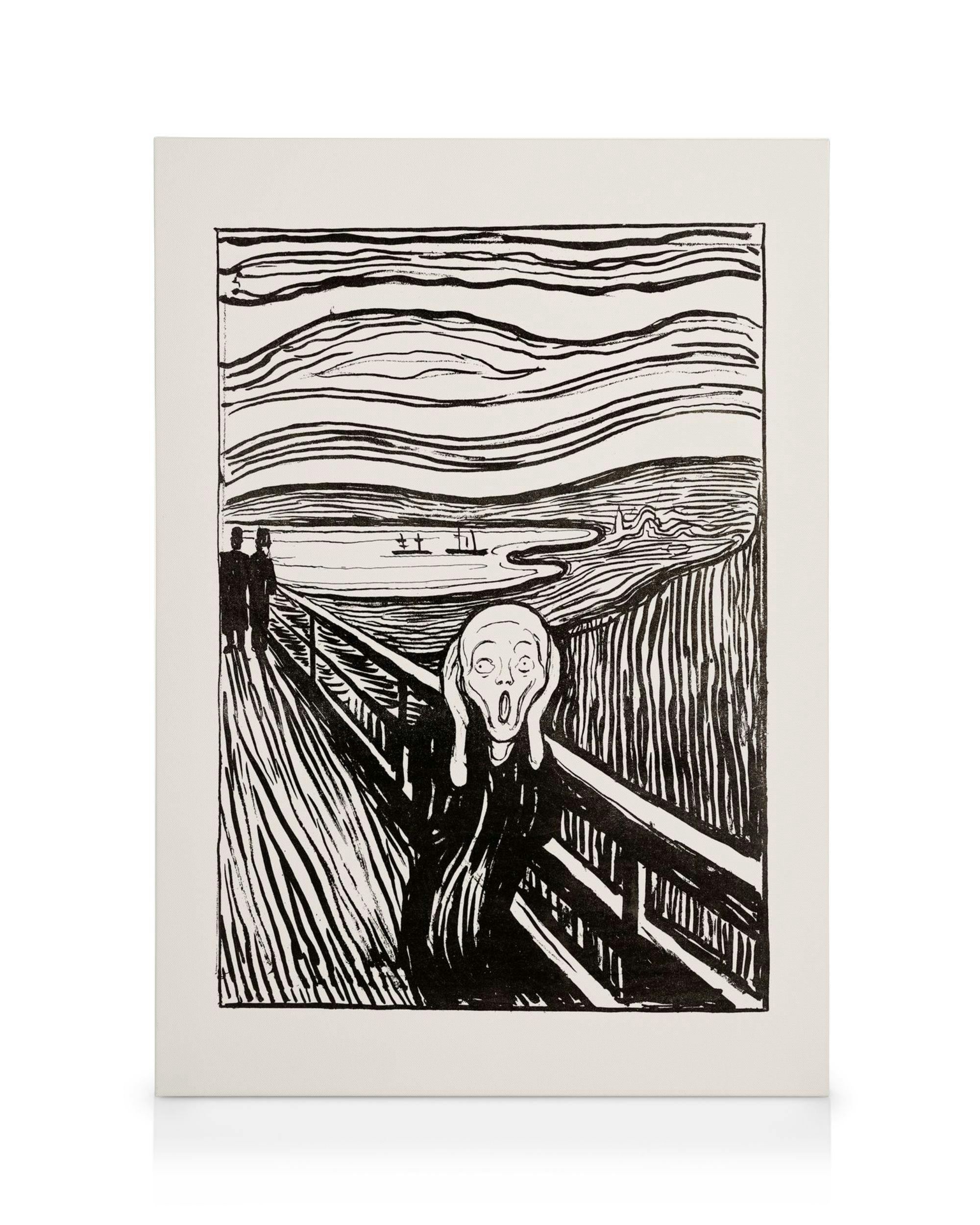 Stampa su tela in bianco e nero di Edvard Munch, LUrlo, con figura centrale che urla e linee ondulate surreali.