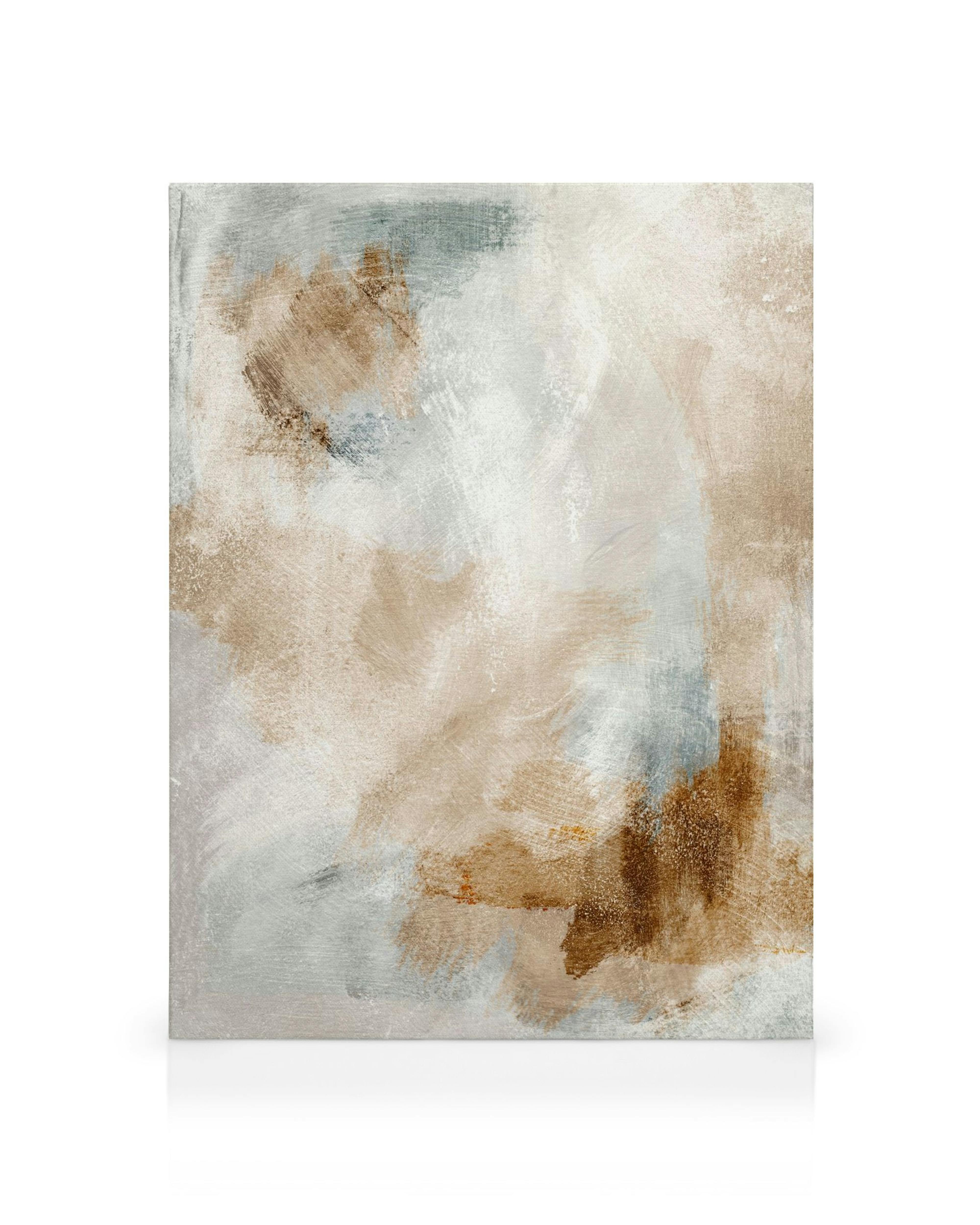 Contemporary abstract canvas print with broad strokes of brown, beige, white, and teal, showcasing textured brushwork