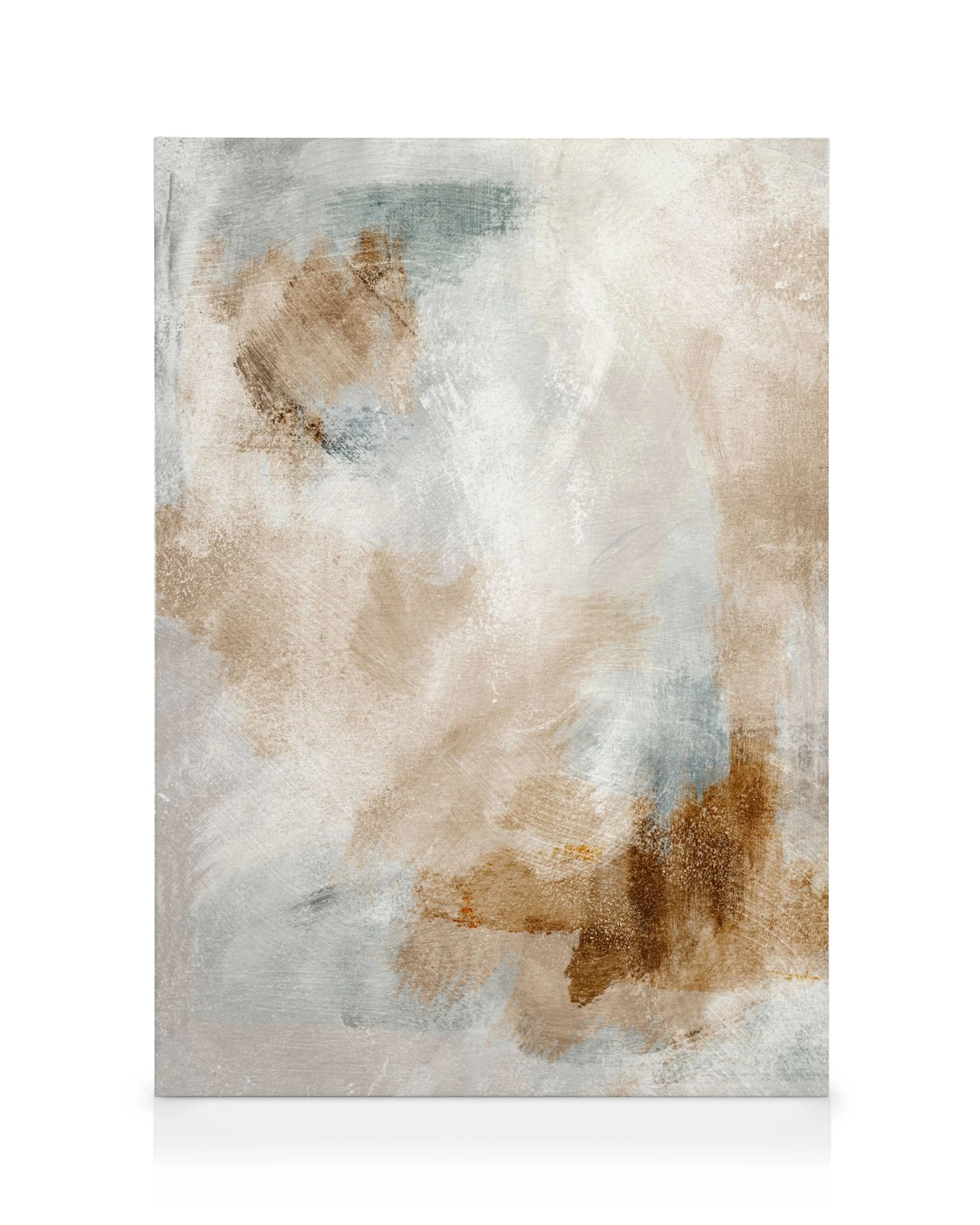 Lienzo abstracto con pinceladas suaves en marrón, blanco, azul y beige; arte contemporáneo.