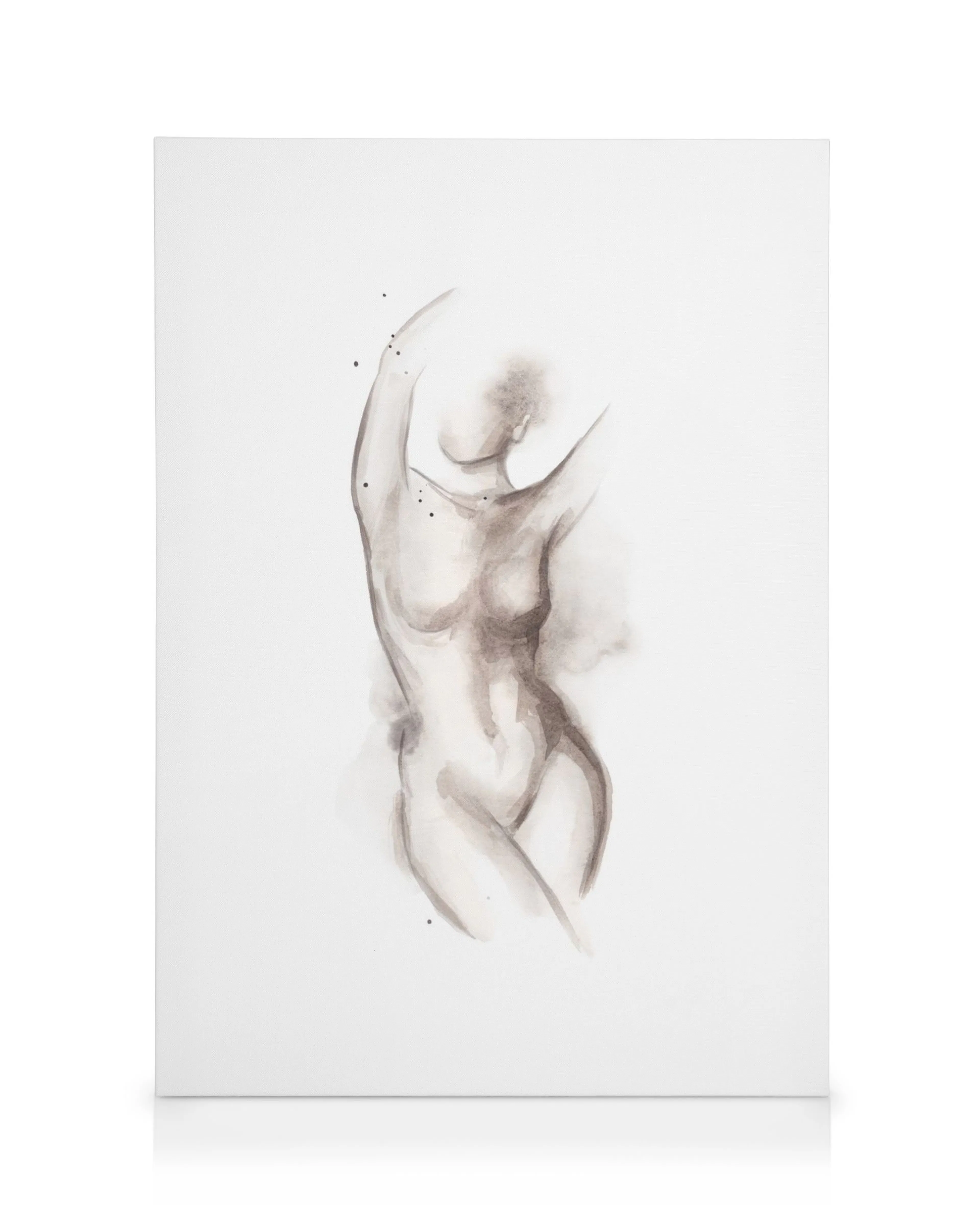 Stampa su tela di figura umana astratta con pennellate marroni, sfondo bianco, arte murale minimalista dipinta a mano.