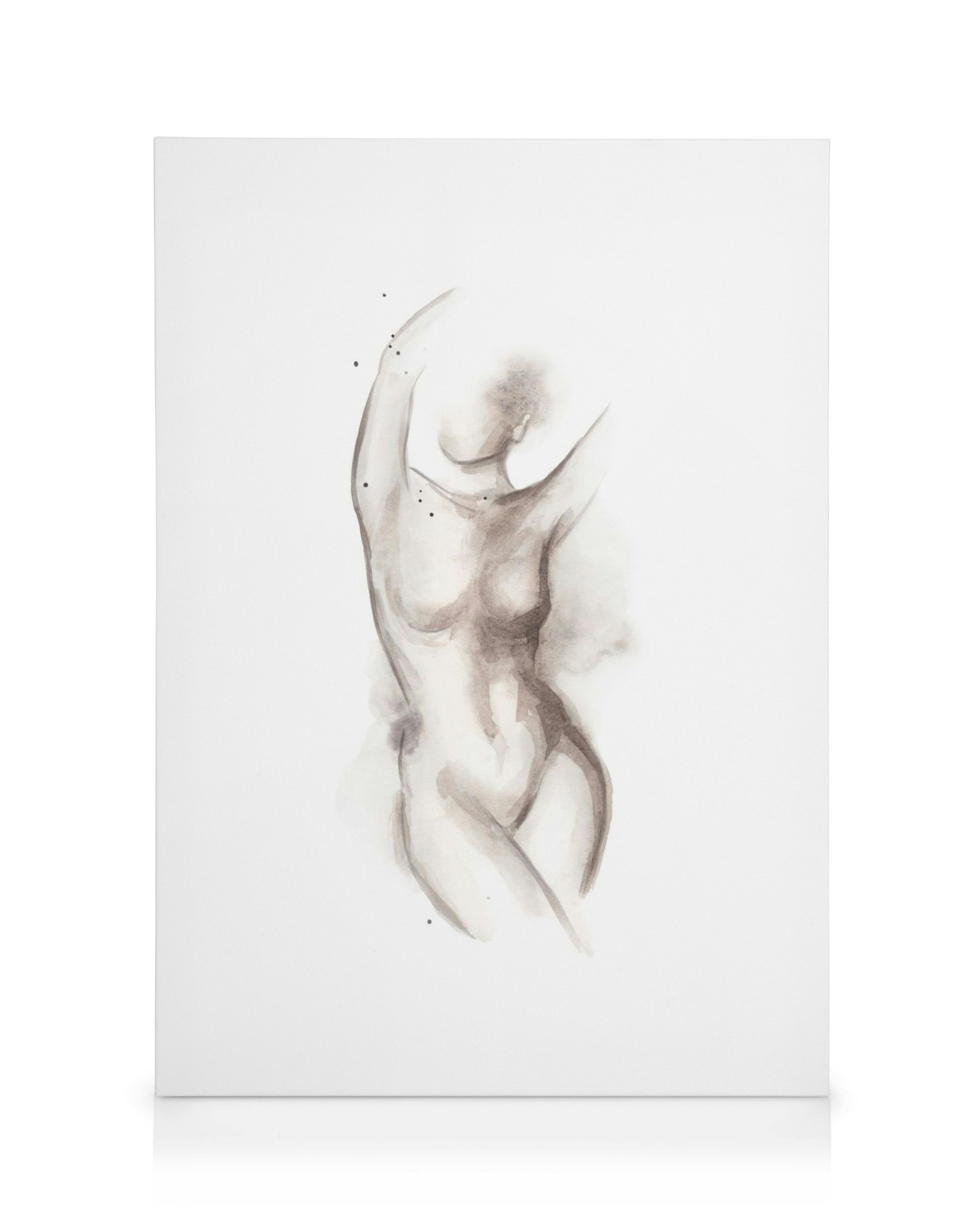 Leinwandbild mit Aquarell-Aktstudie einer weiblichen Figur in Schwarz-Weiß, minimalistischer Stil.