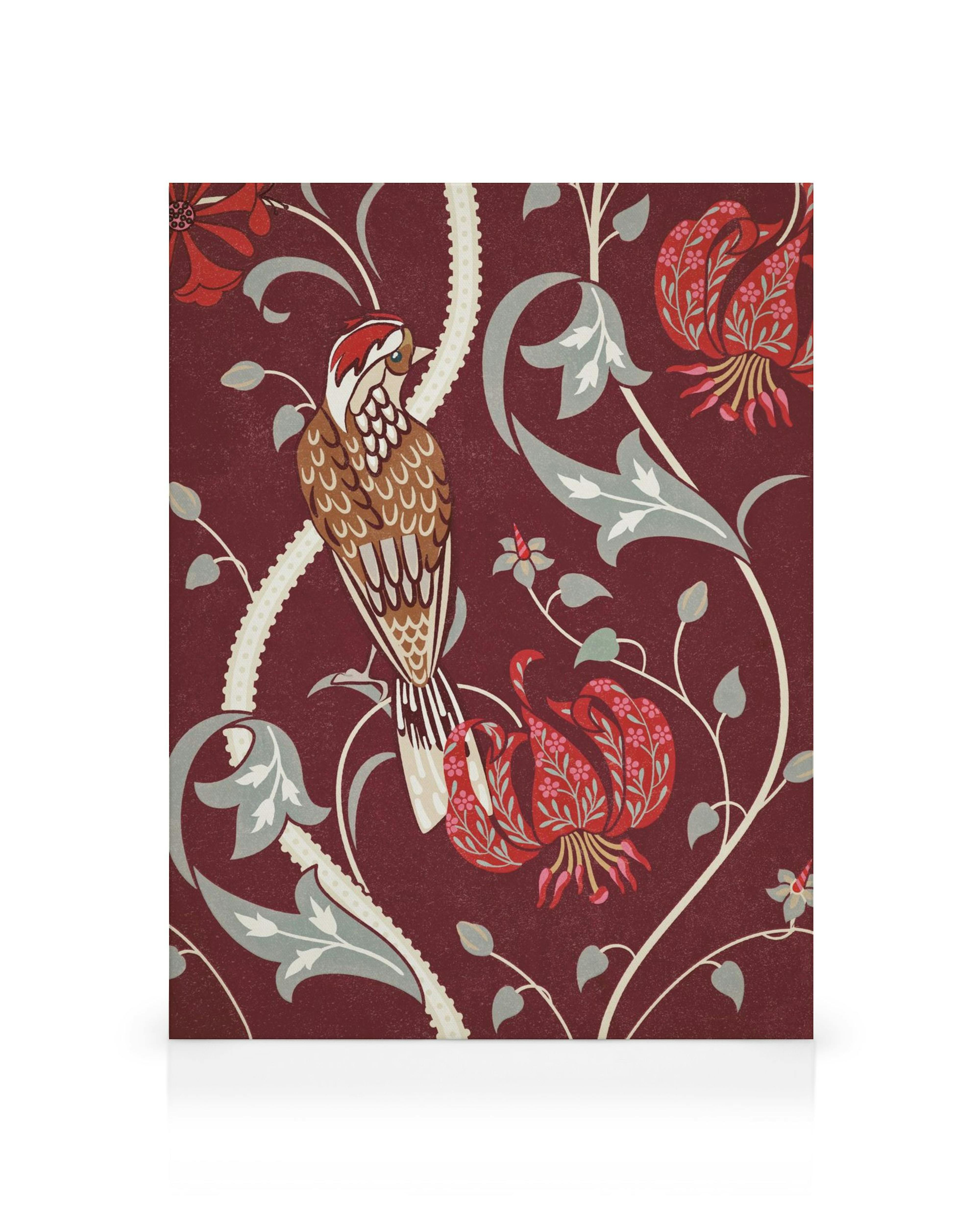 Woodpecker garden canvas print, brown and white bird on white branch, dark red background with floral patterns