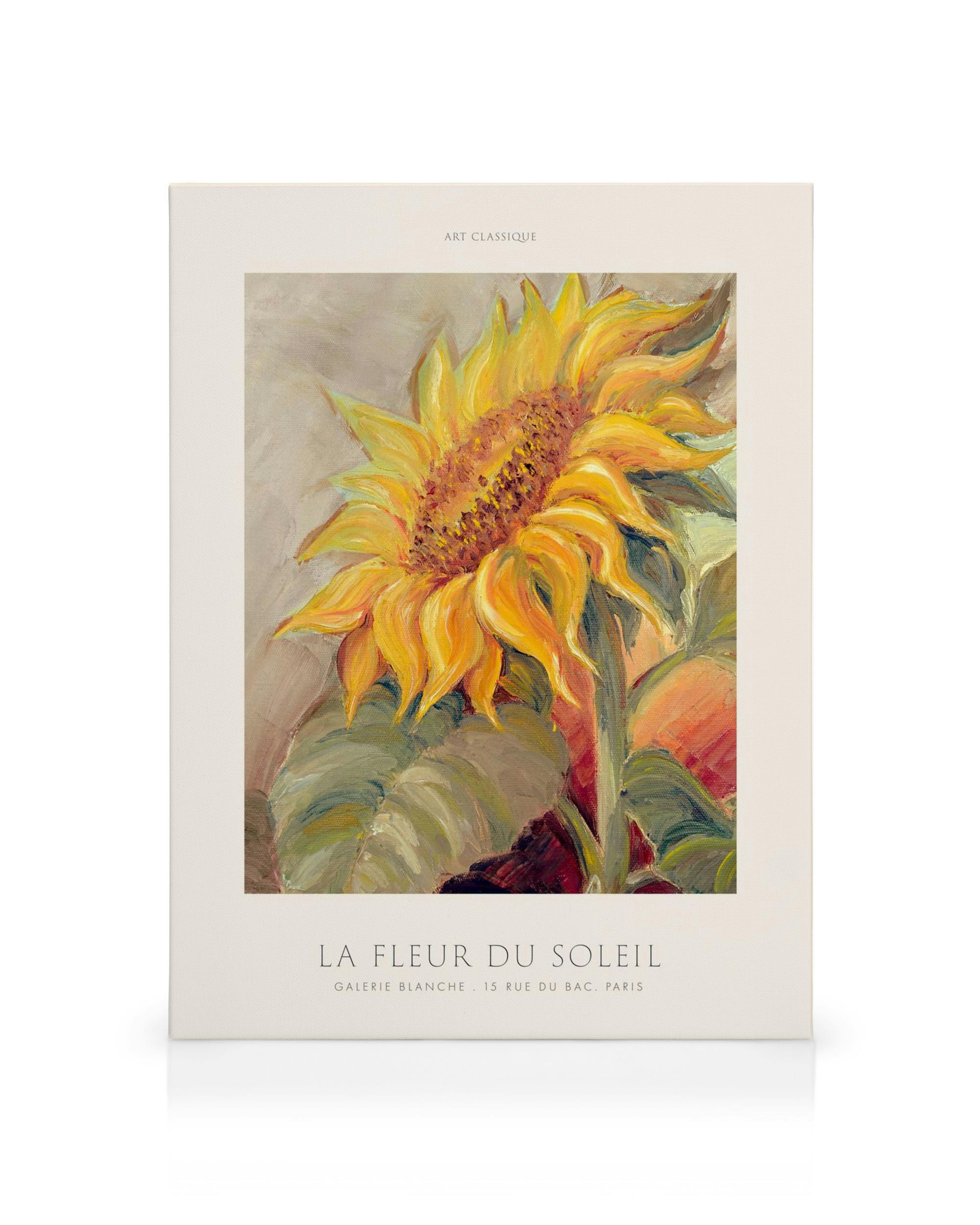 Quadro em tela com pintura a óleo de girassol amarelo vibrante e folhas verdes sobre fundo cinza. Texto La Fleur Du Soleil.