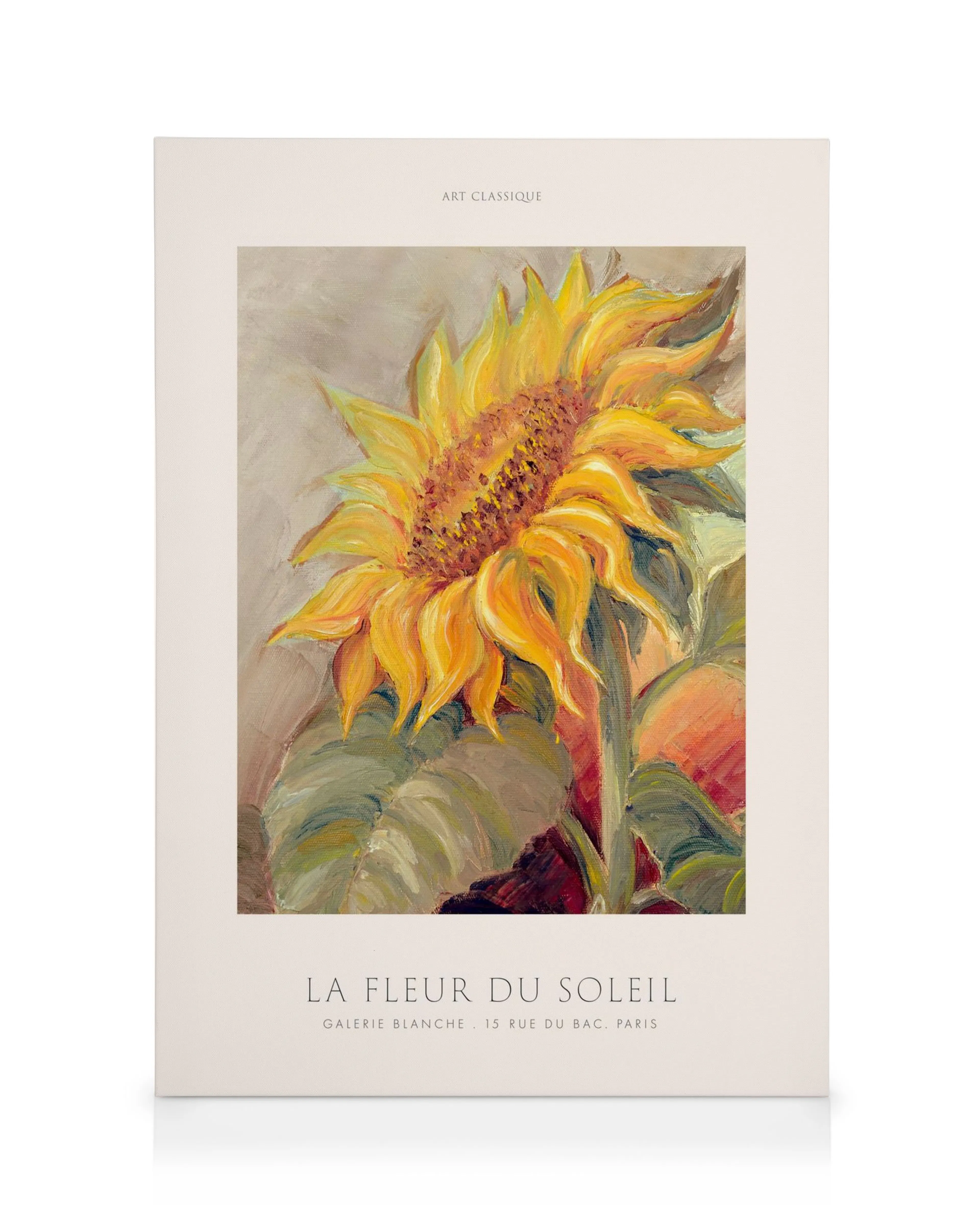 Vibrant yellow sunflower canvas print with La Fleur Du Soleil text on a grey background, perfect wall art.