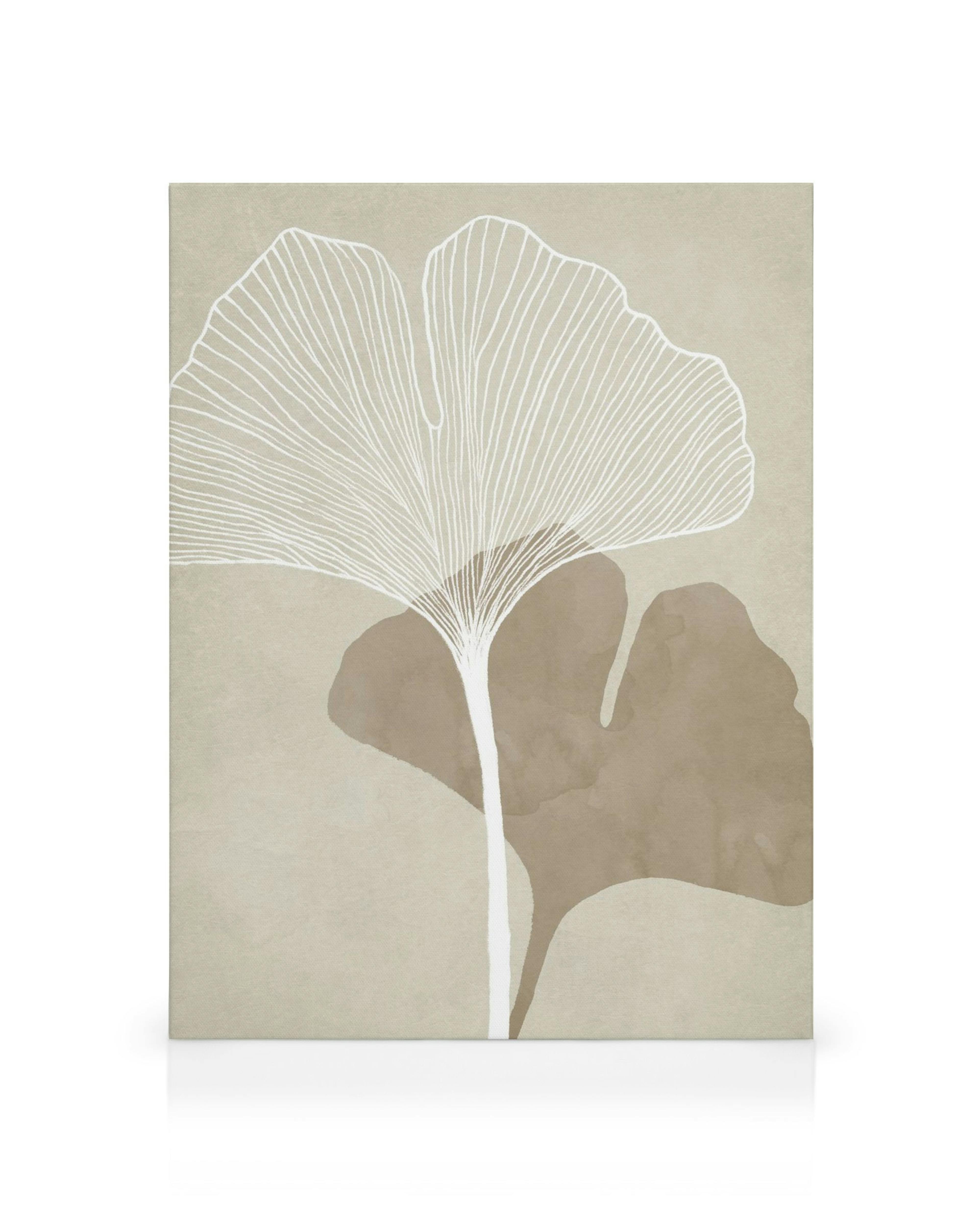 Double Ginkgo canvas print, delicate white line art leaf illustration on a beige background, botanical wall art.
