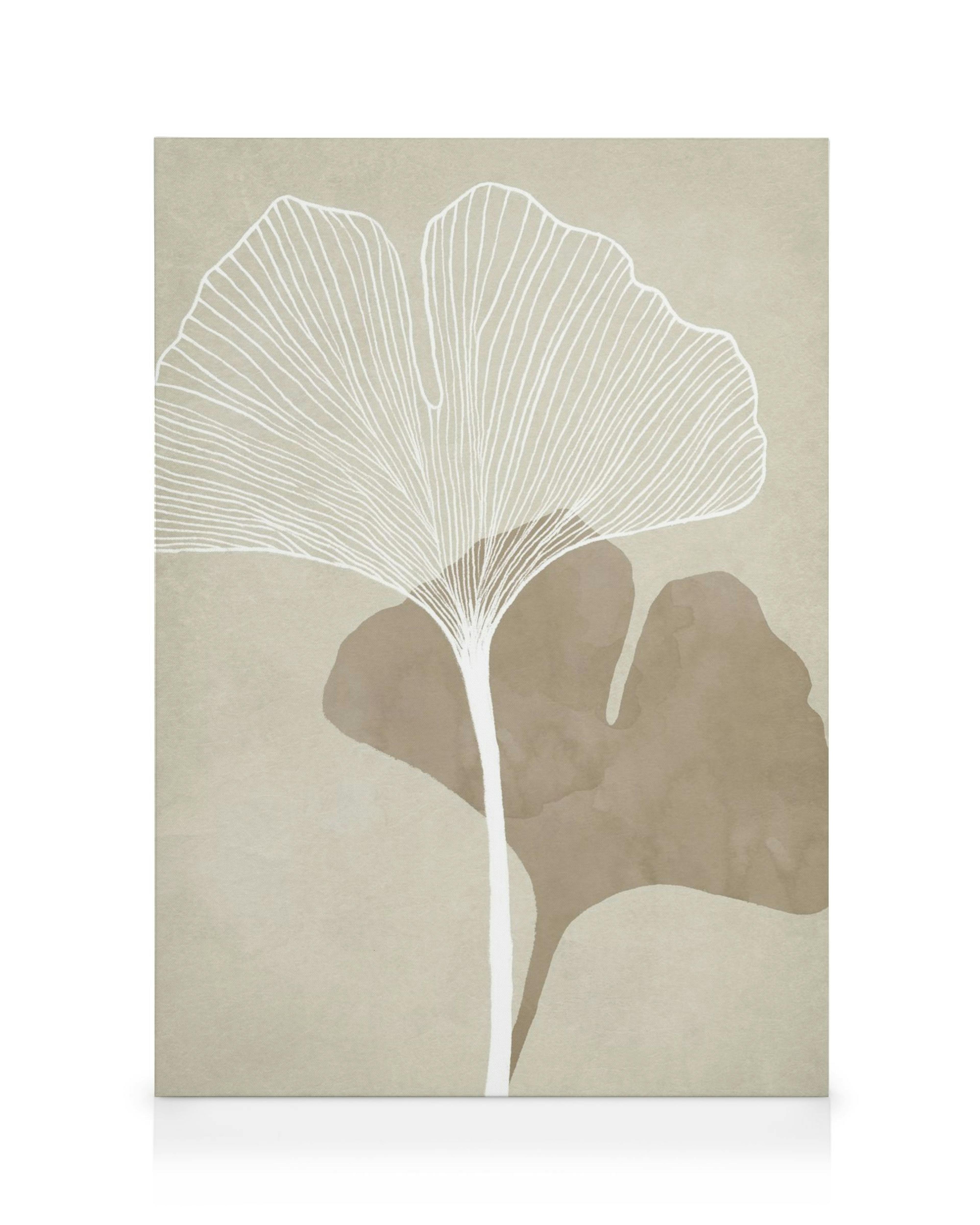 Καμβάς με διπλό φύλλο γκίνγκο, μπεζ φόντο, λευκό περίγραμμα και καφέ σκιά.