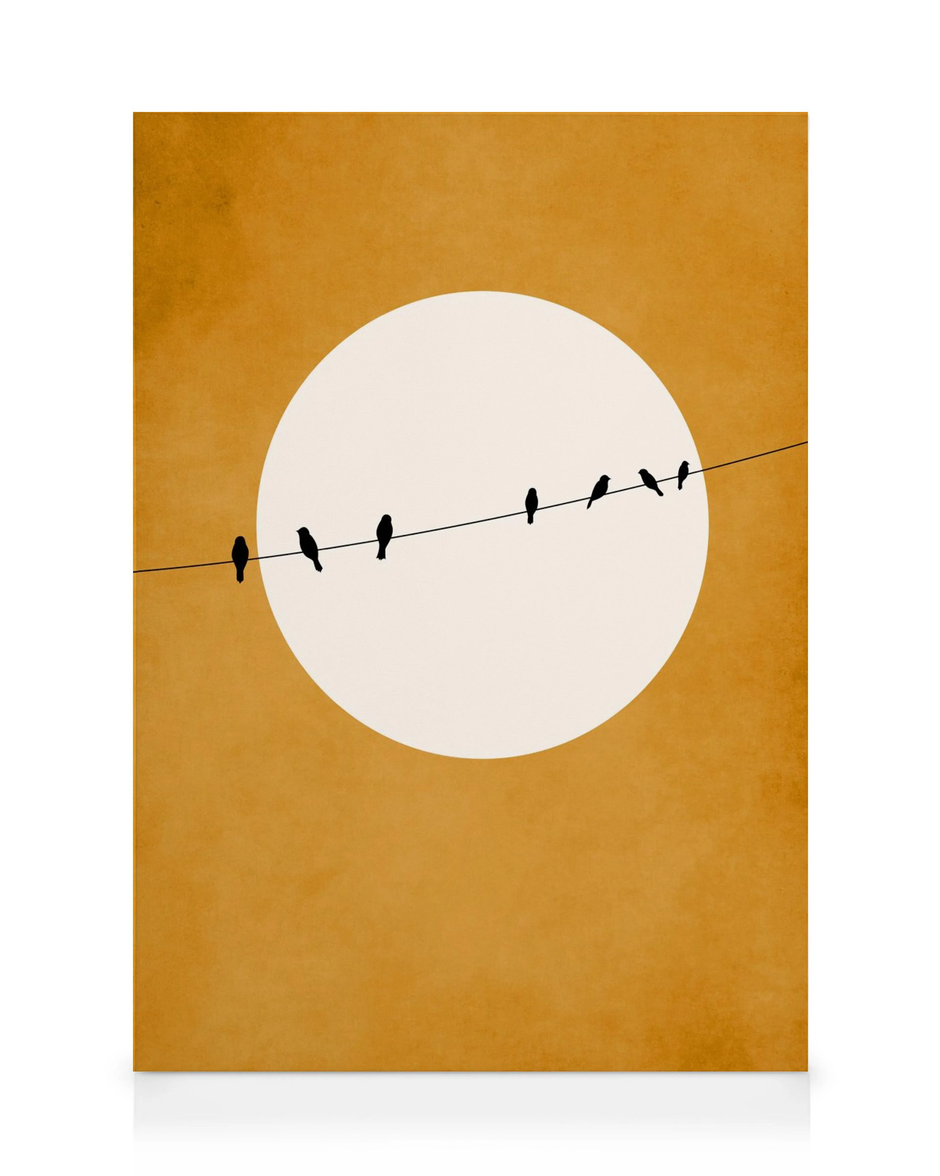 Toile minimaliste oiseaux sur fil devant cercle blanc, fond beige. Typographie moderne.
