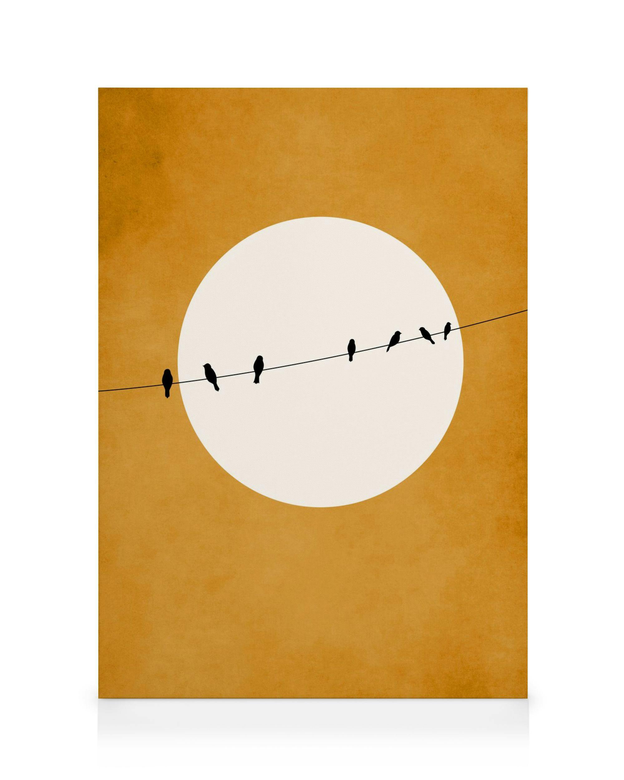 Minimalistický obraz s černými siluetami ptáků sedících na drátu před velkým bílým kruhem na žlutém pozadí.