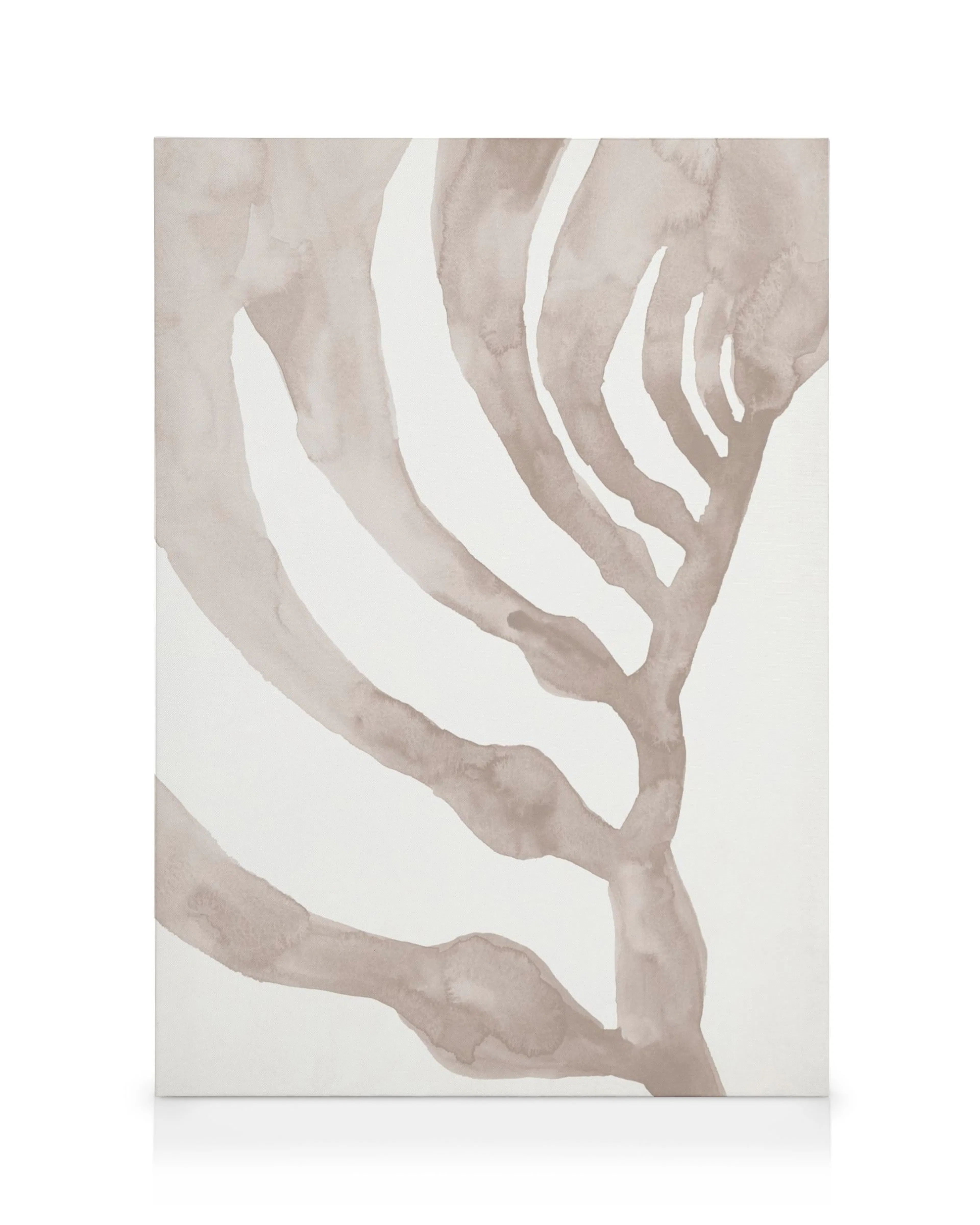 Toile avec motif dalgue beige sur fond blanc, aux lignes douces et ondulantes, évoquant la tranquillité marine.