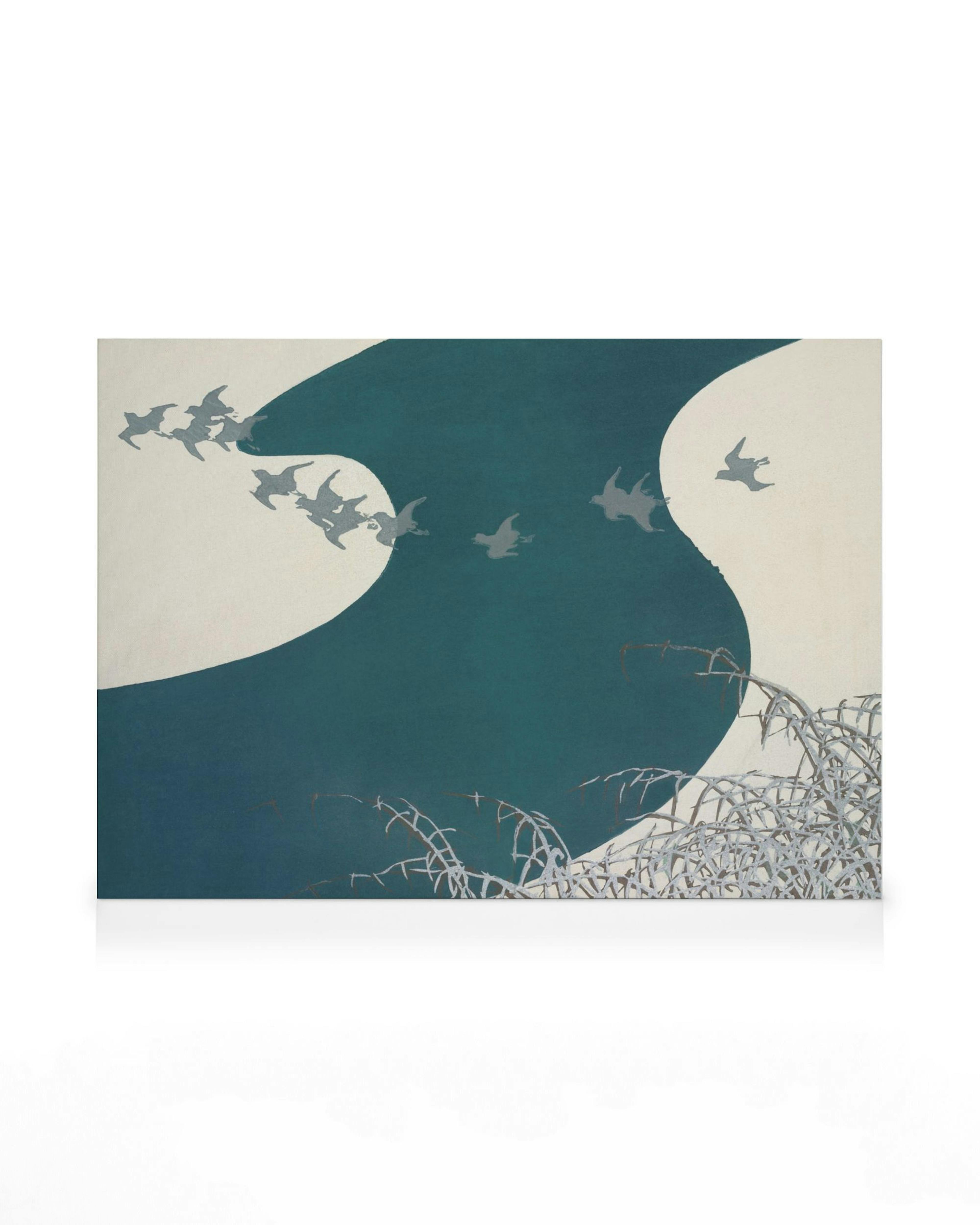 Kamisaka Sekka, Ptáci z Momoyogusa, hejno letících ptáků nad modrou řekou a bílými keři, japonské umění