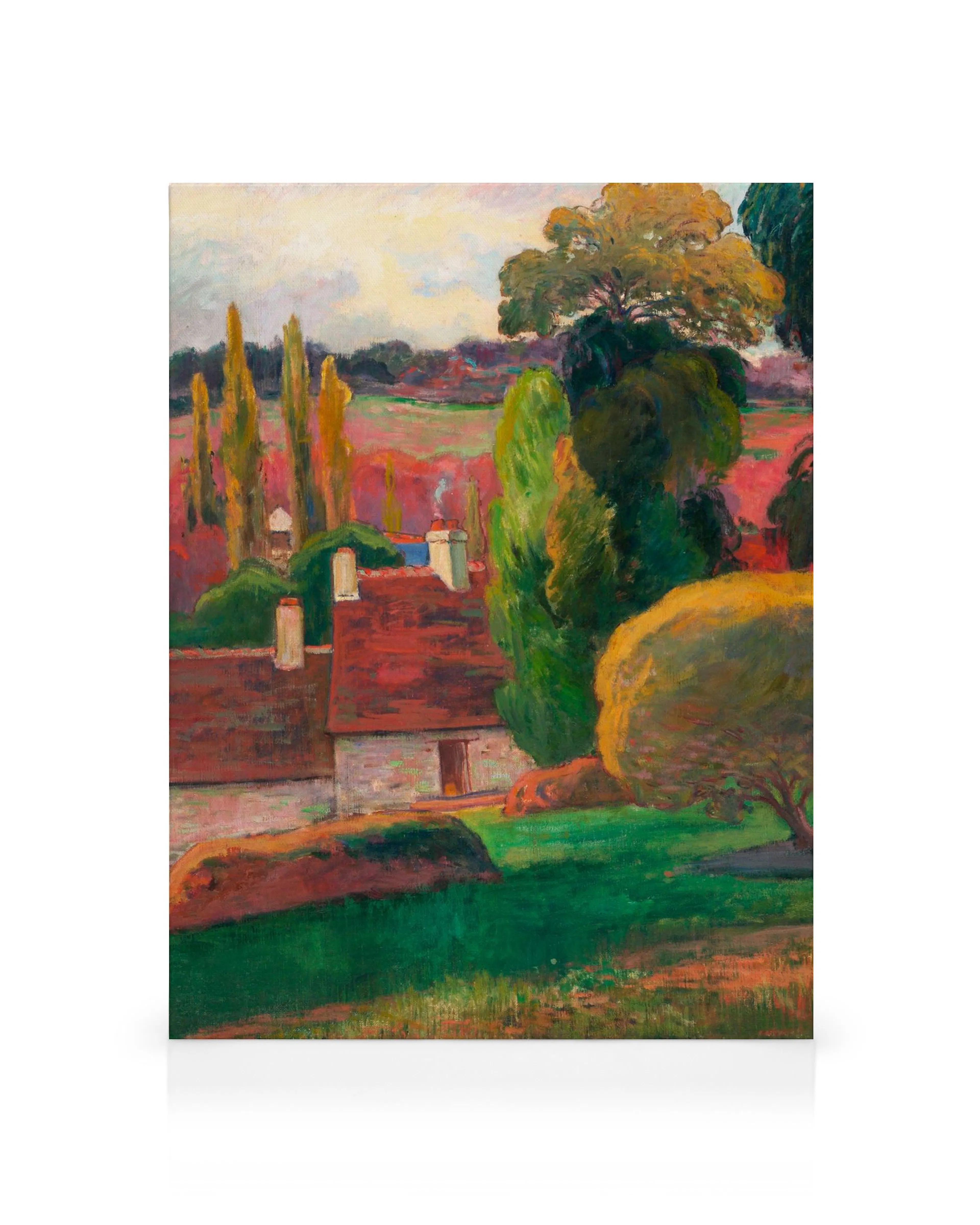 Dipinto di Paul Gauguin Una fattoria in Bretagna, paesaggio vivace con case rurali, alberi e campi colorati