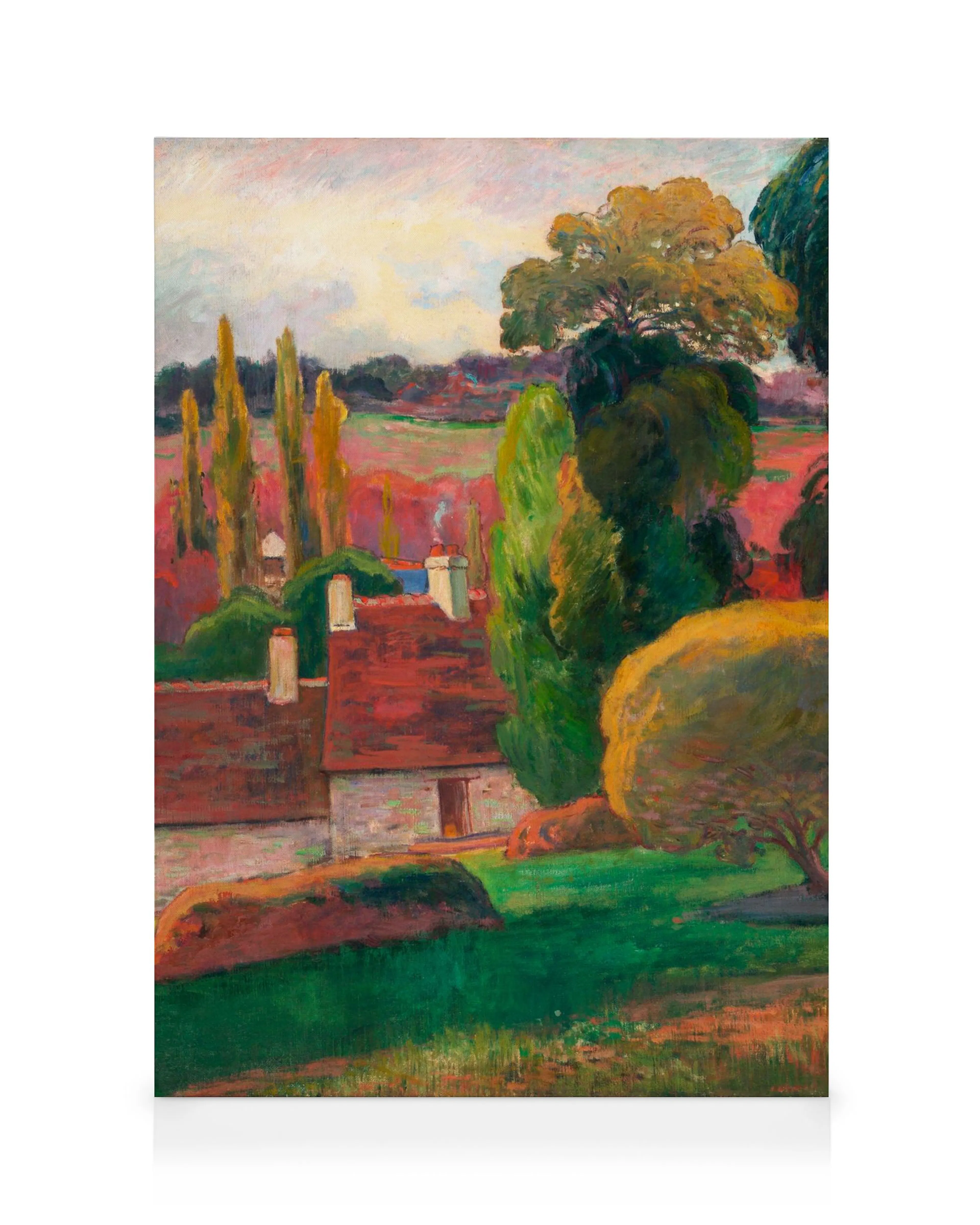 Dipinto di Paul Gauguin Una fattoria in Bretagna, paesaggio vivace con case rurali, alberi e campi colorati
