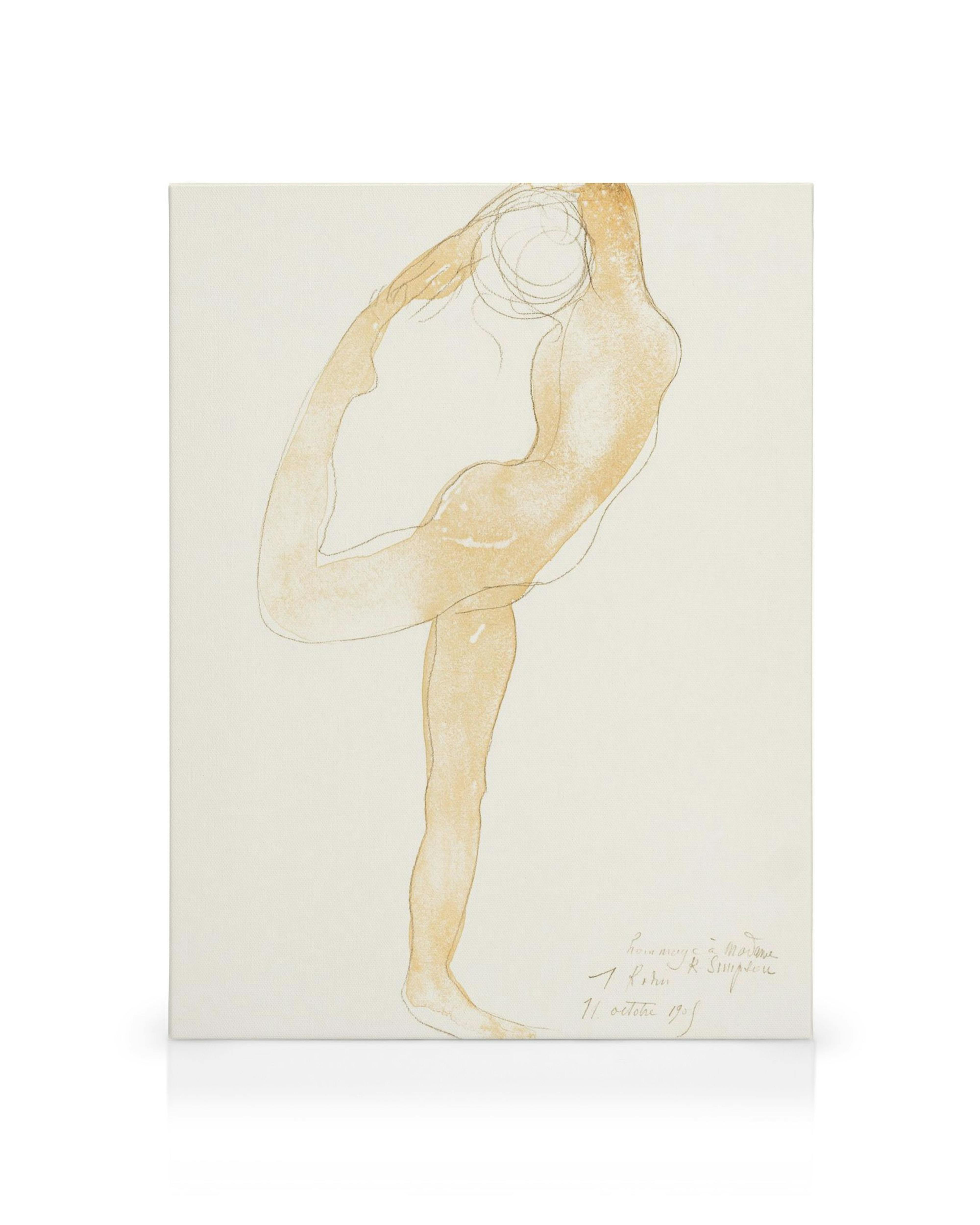 Dibujo de Rodin de figura danzante en dorado sobre fondo beige, arte abstracto de líneas con forma humana.