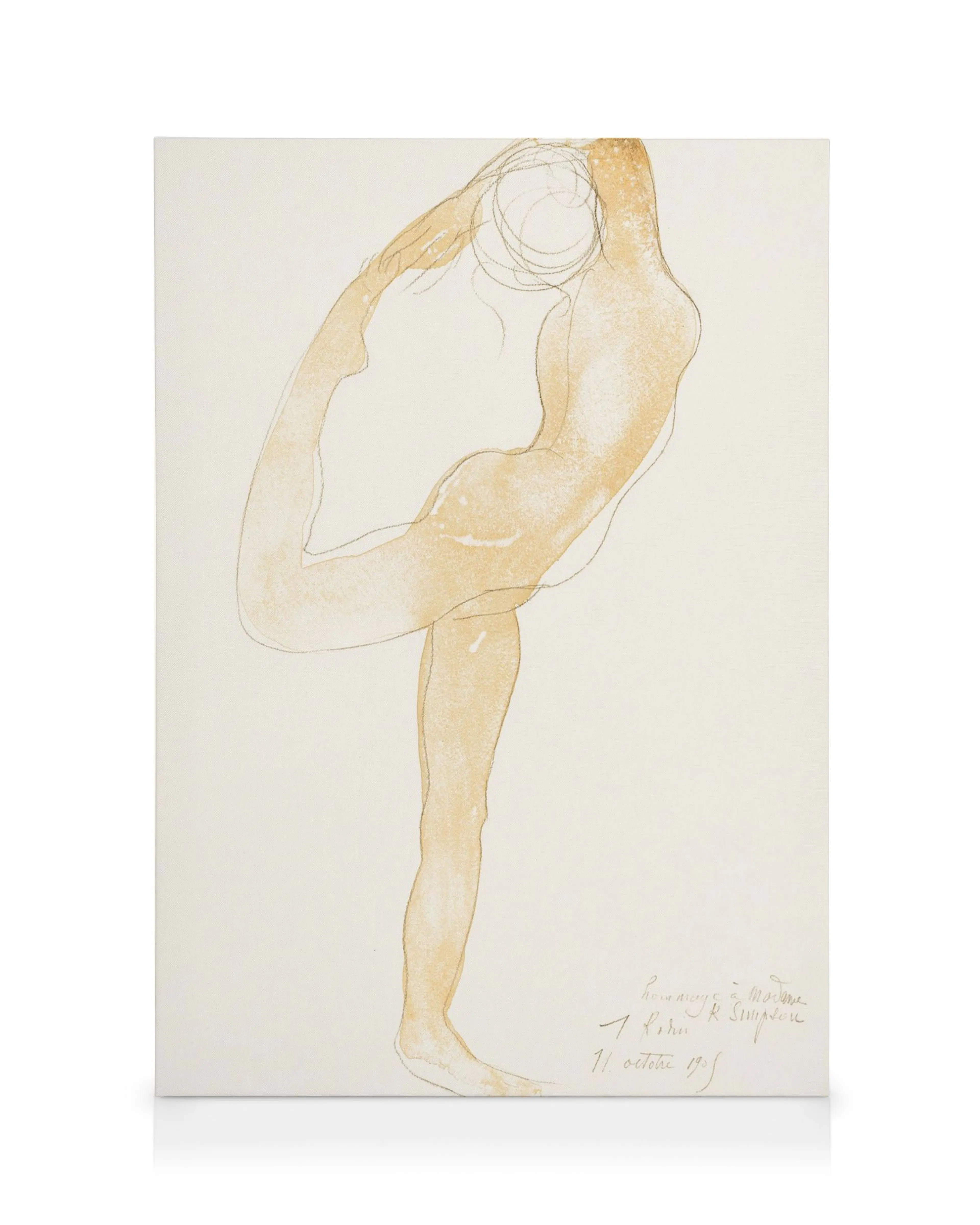Auguste Rodin Skizze einer tanzenden Figur, zarte Linienführung, dynamische Bewegung, beige und braune Töne.