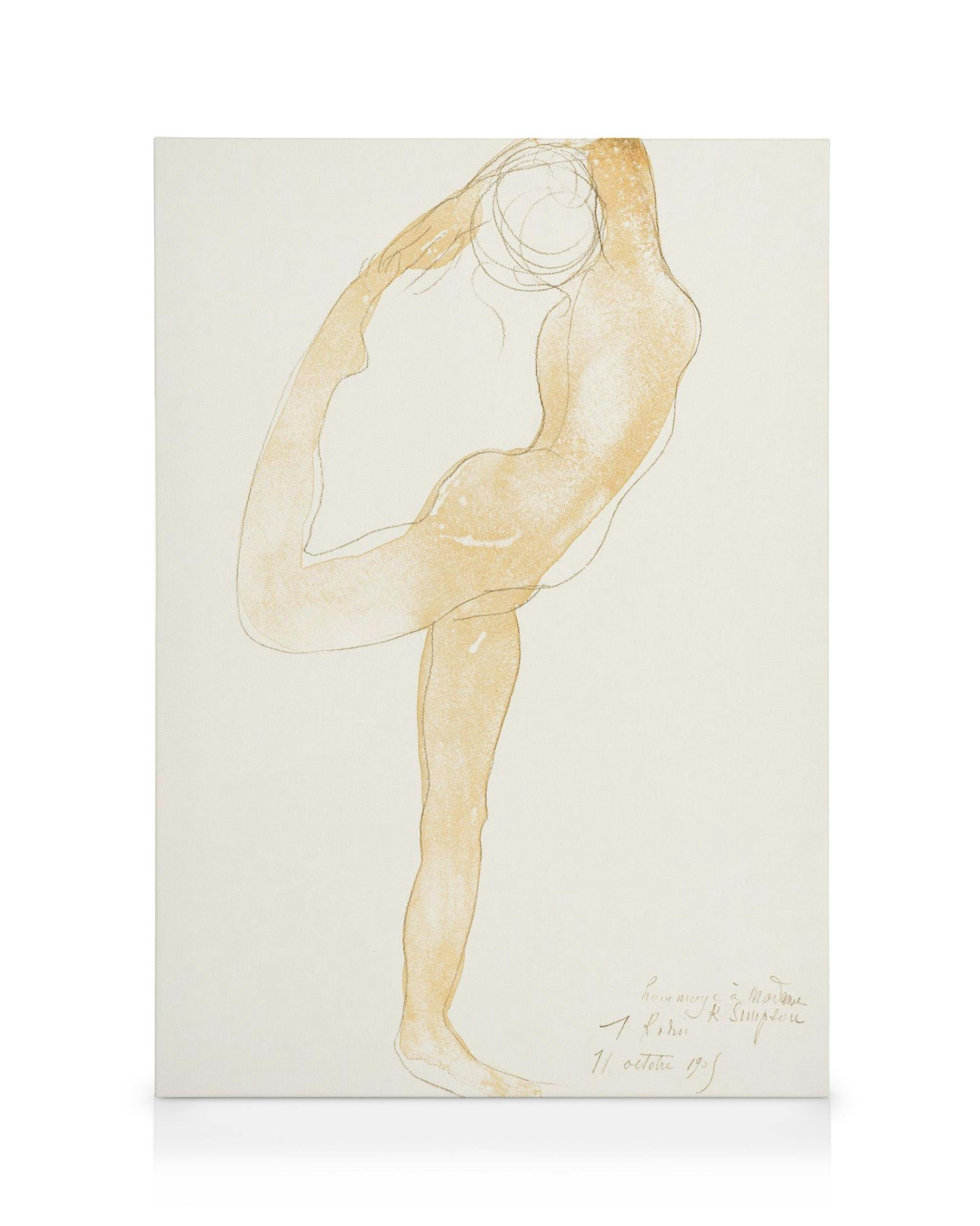 Auguste Rodins Dancing Figure, a gold line drawing of a human figure bending forward on a white canvas.
