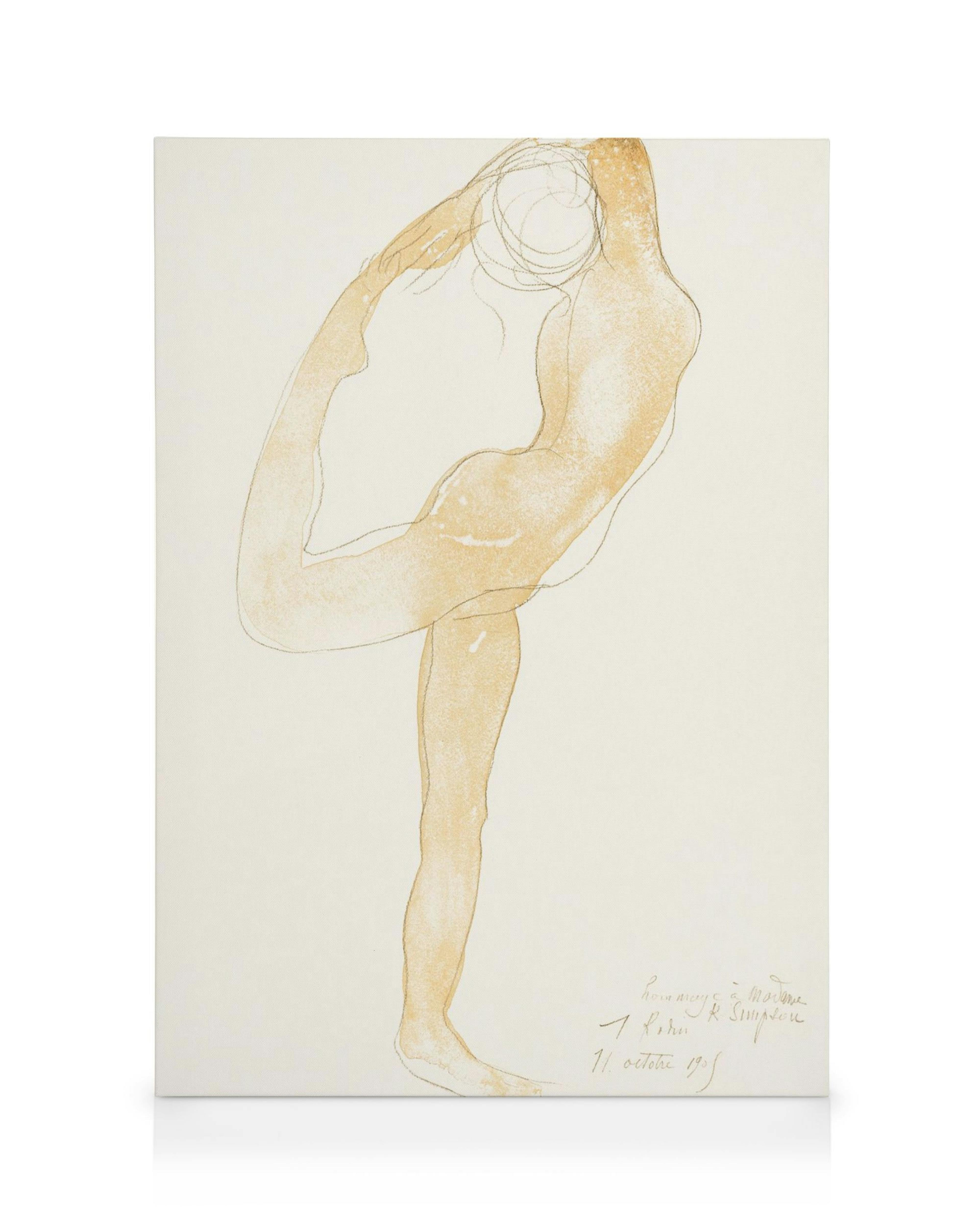 Toile Auguste Rodin, figure dansante abstraite en or sur fond beige, typographie élégante