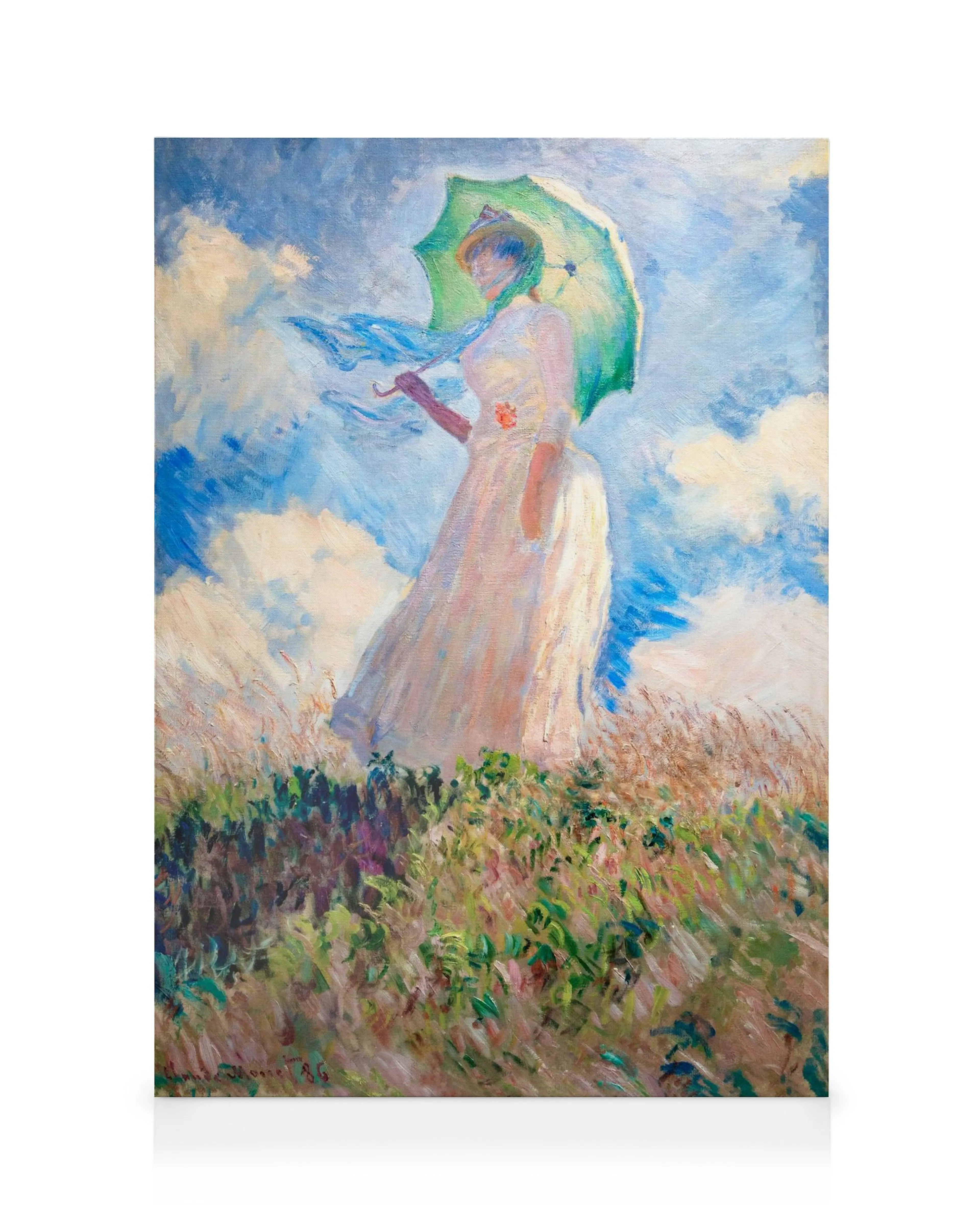 Monets Vrouw met Parasol, links, olieverfschilderij vrouw op heuvel met groene parasol tegen blauwe lucht.