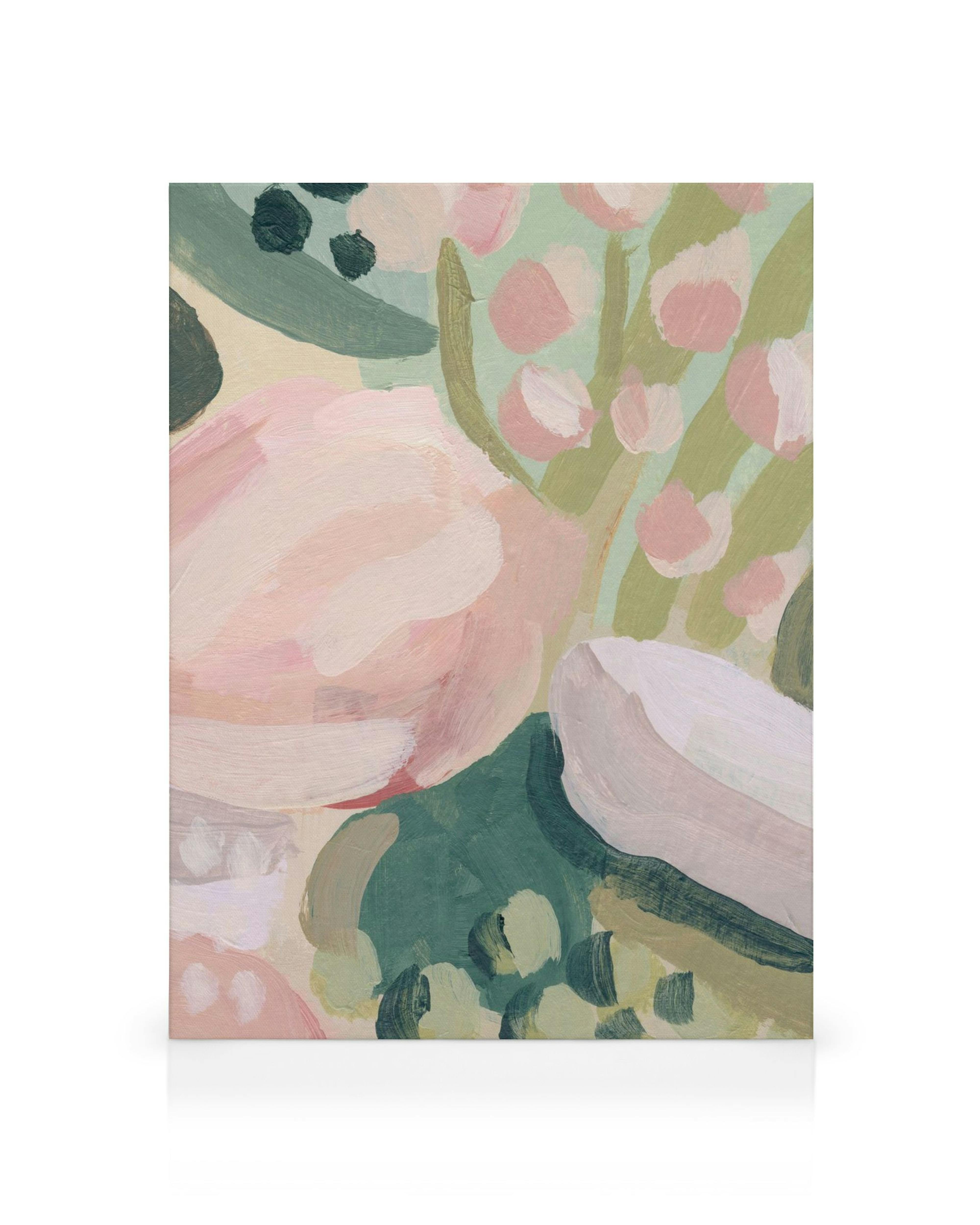 Akryl blomsterlærred: pastelfarvet floral abstrakt kunst med lyserøde, grønne og beige nuancer.